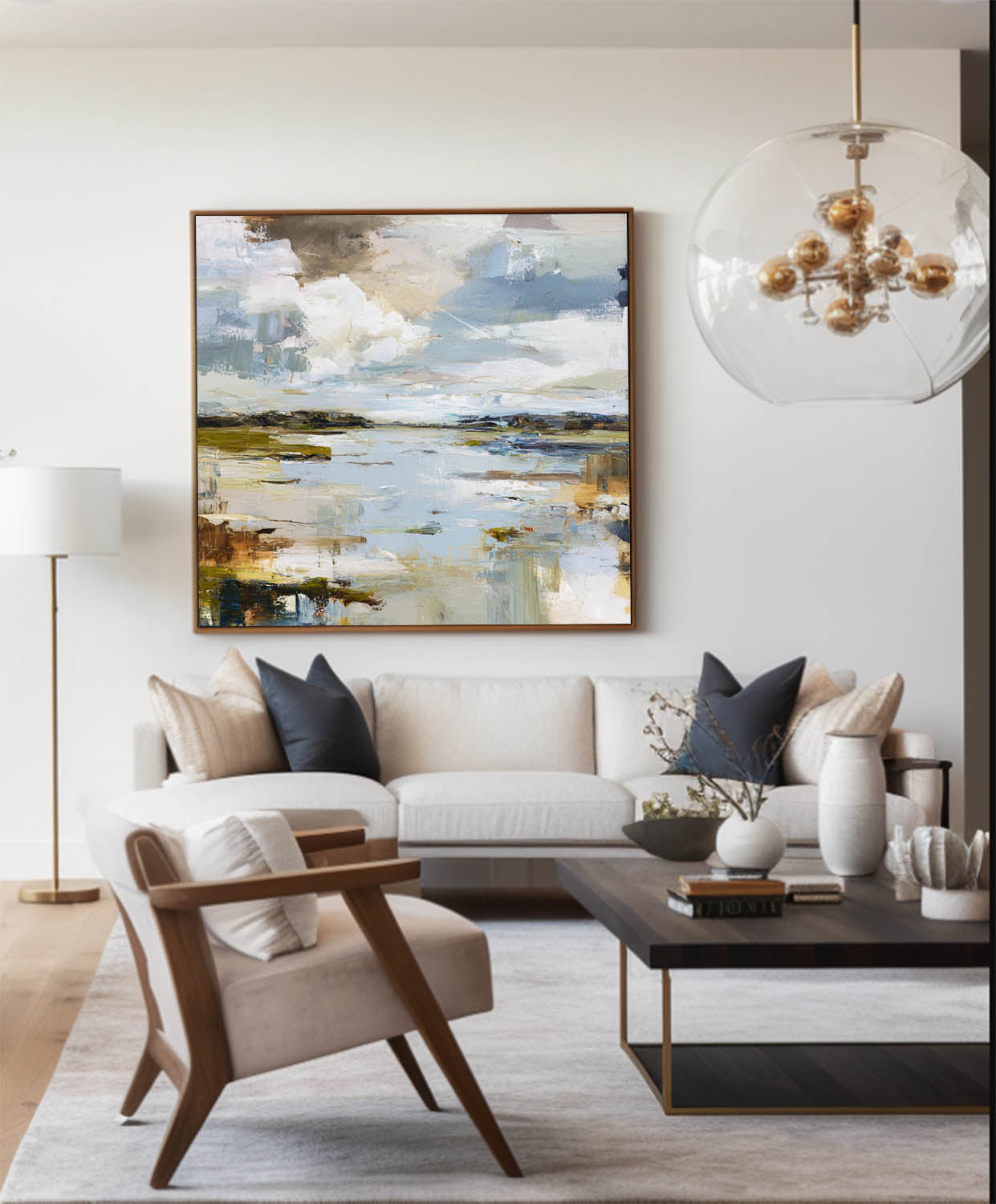 Blue‑White‑Ochre Square Impasto Abstract Coastal Landscape Artwork