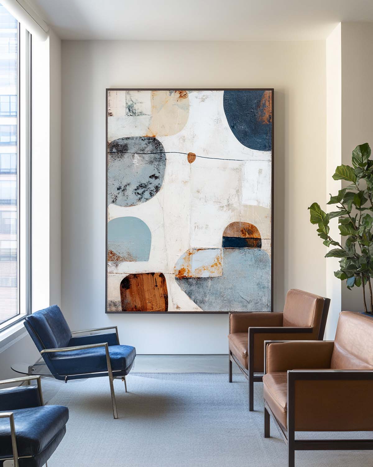 Navy‑Blue‑Terracotta‑Beige Vertical Geometric Shapes Textured Artwork