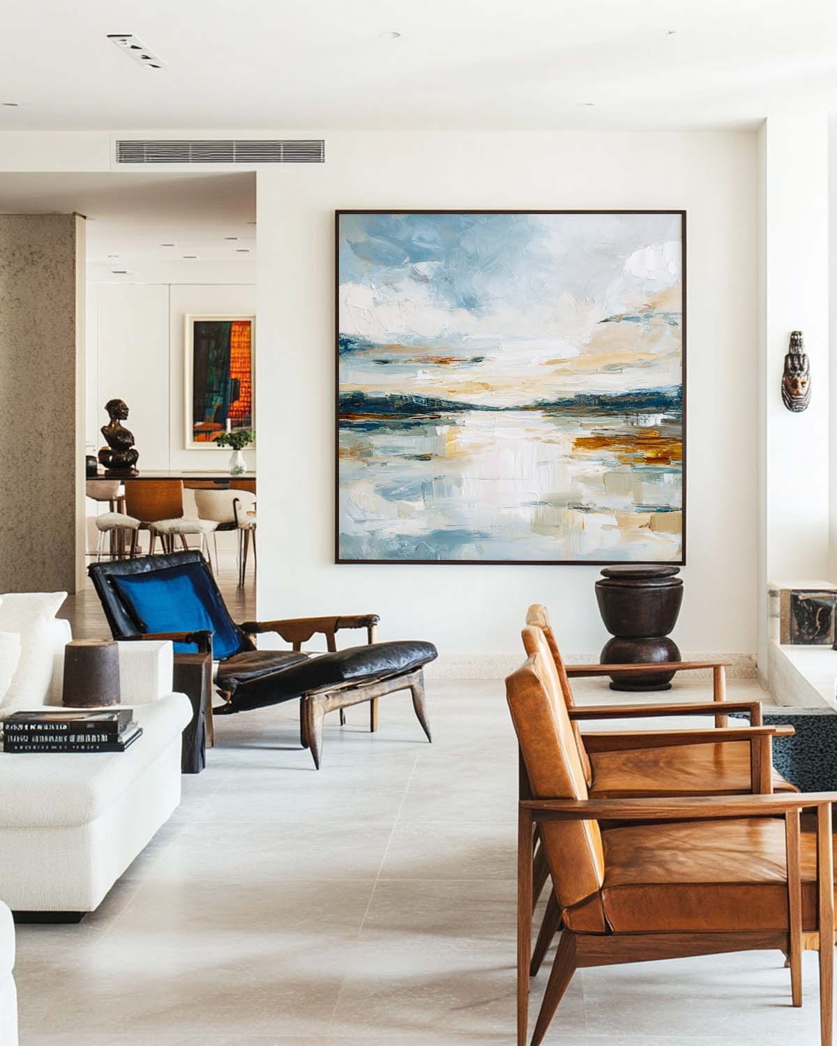 Blue‑White‑Ochre Vertical Abstract Coastal Impasto Textured Artwork