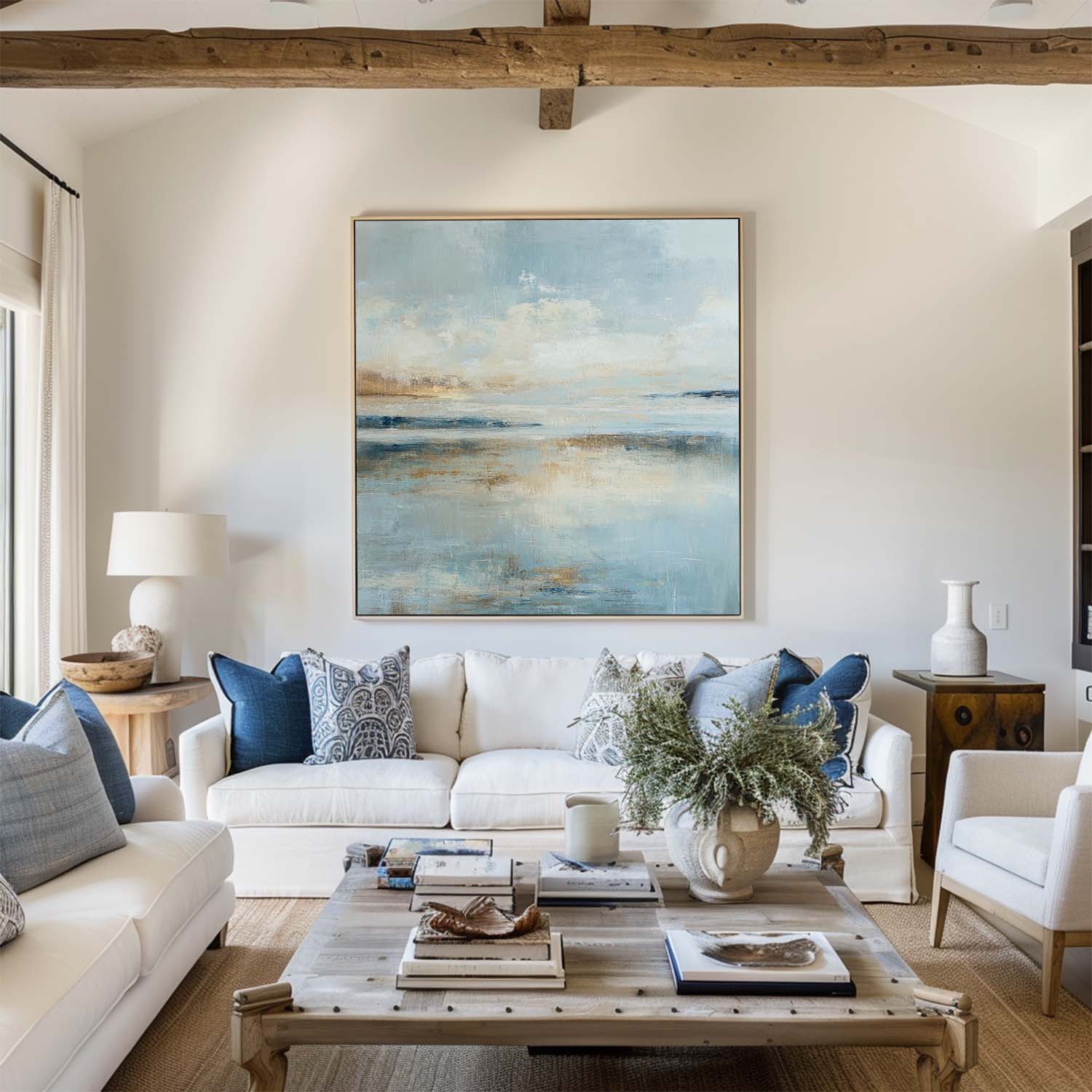 Blue‑Beige‑Gold Square Abstract Coastal Seascape Textured Artwork