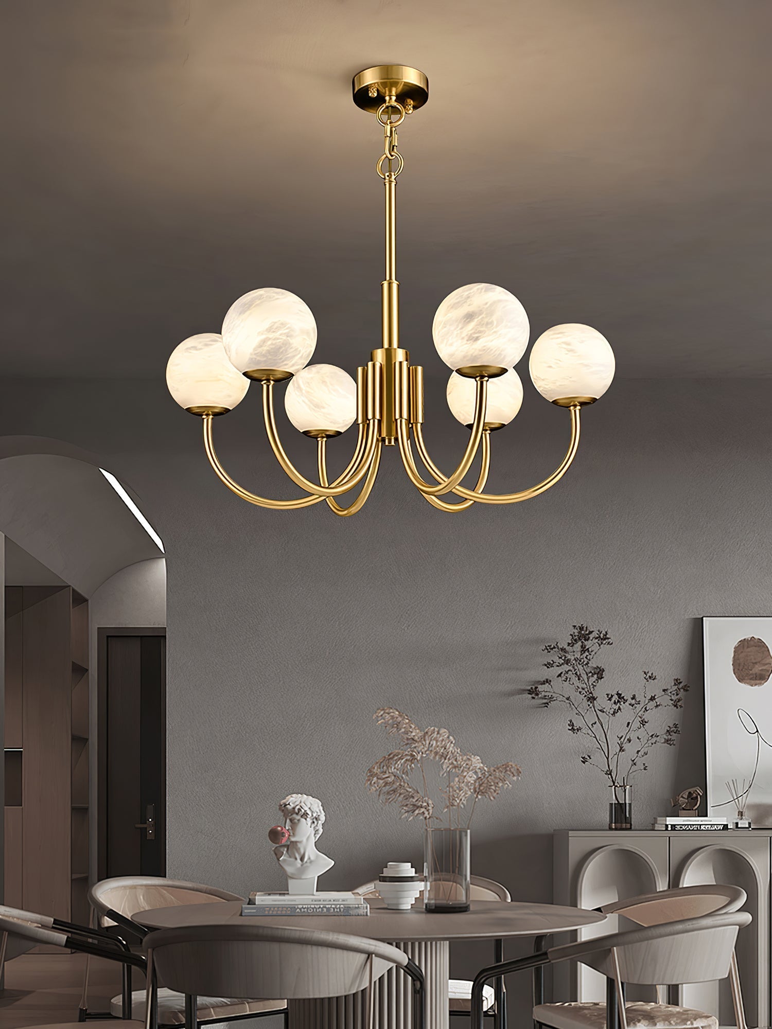 Mjolkuvys Modern Minimalist Globe Brass Alabaster Chandelier - Neutralighting