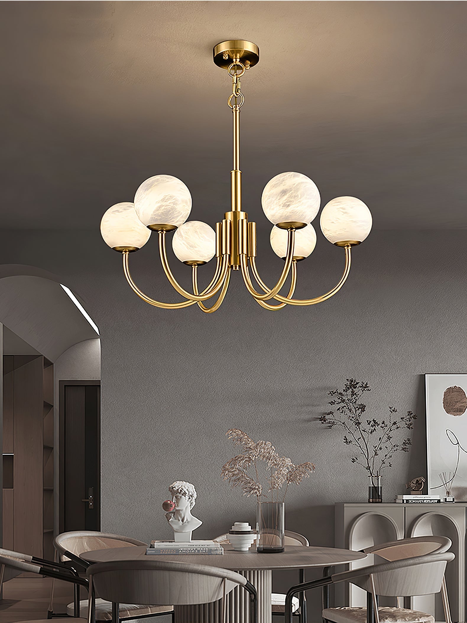 Mjolkuvys Modern Minimalist Globe Brass Alabaster Chandelier - Neutralighting