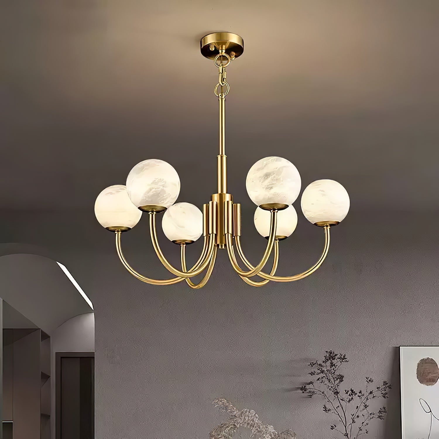 Mjolkuvys Modern Minimalist Globe Brass Alabaster Chandelier - Neutralighting