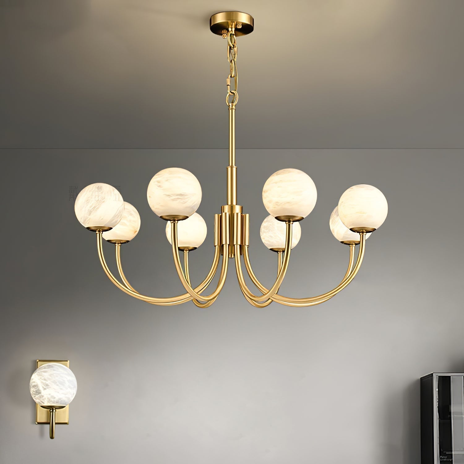 Mjolkuvys Modern Minimalist Globe Brass Alabaster Chandelier - Neutralighting