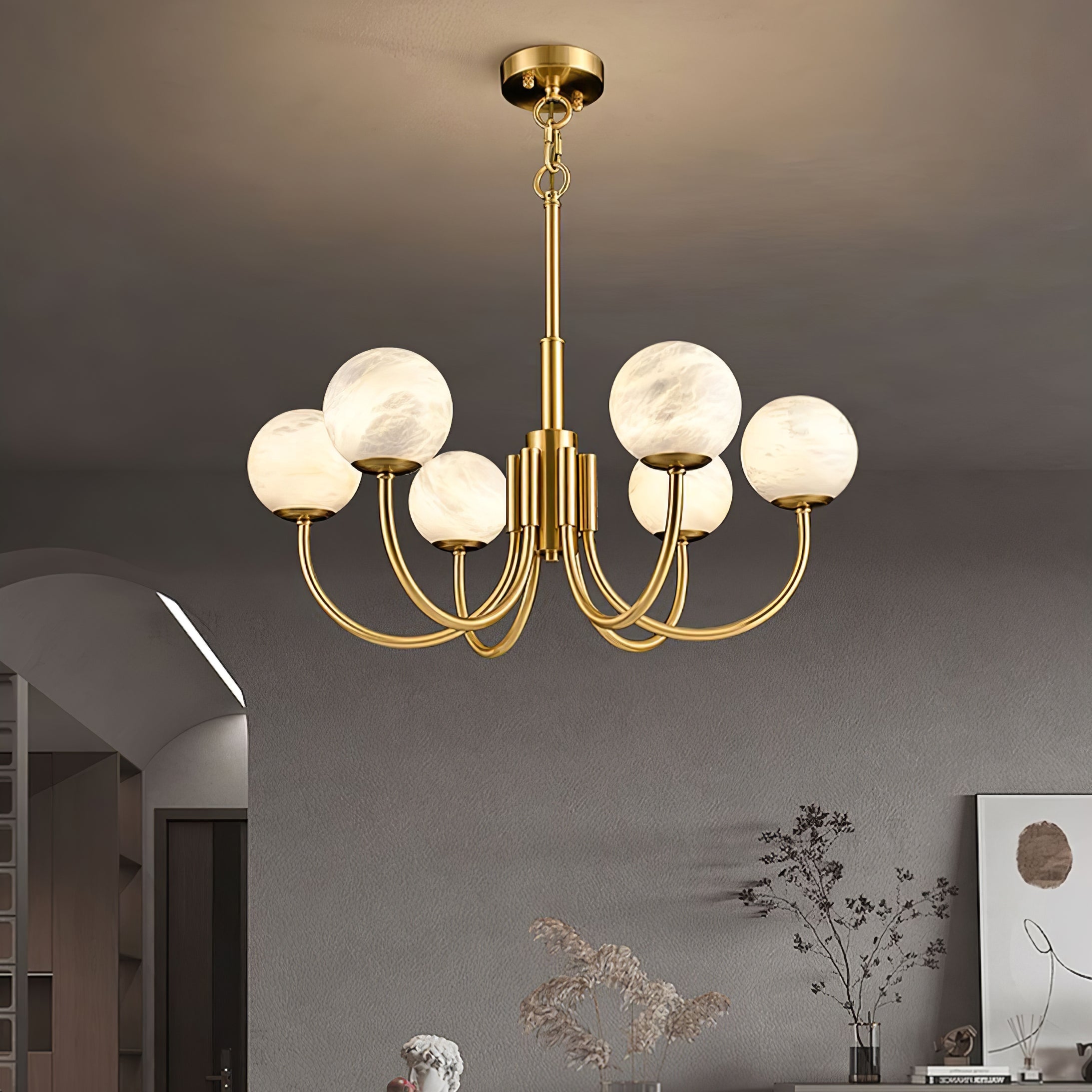 Mjolkuvys Modern Minimalist Globe Brass Alabaster Chandelier - Neutralighting