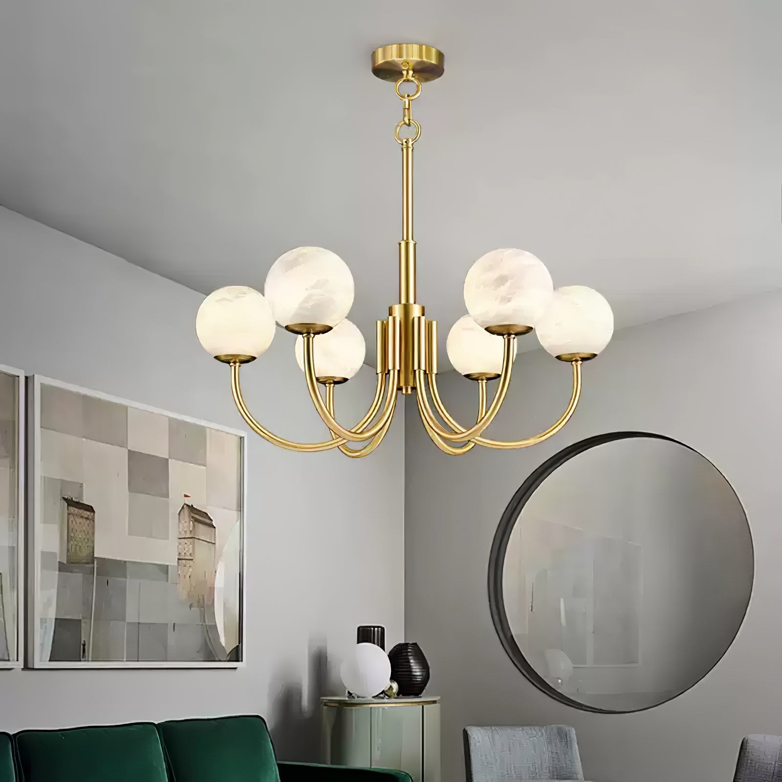 Mjolkuvys Modern Minimalist Globe Brass Alabaster Chandelier - Neutralighting