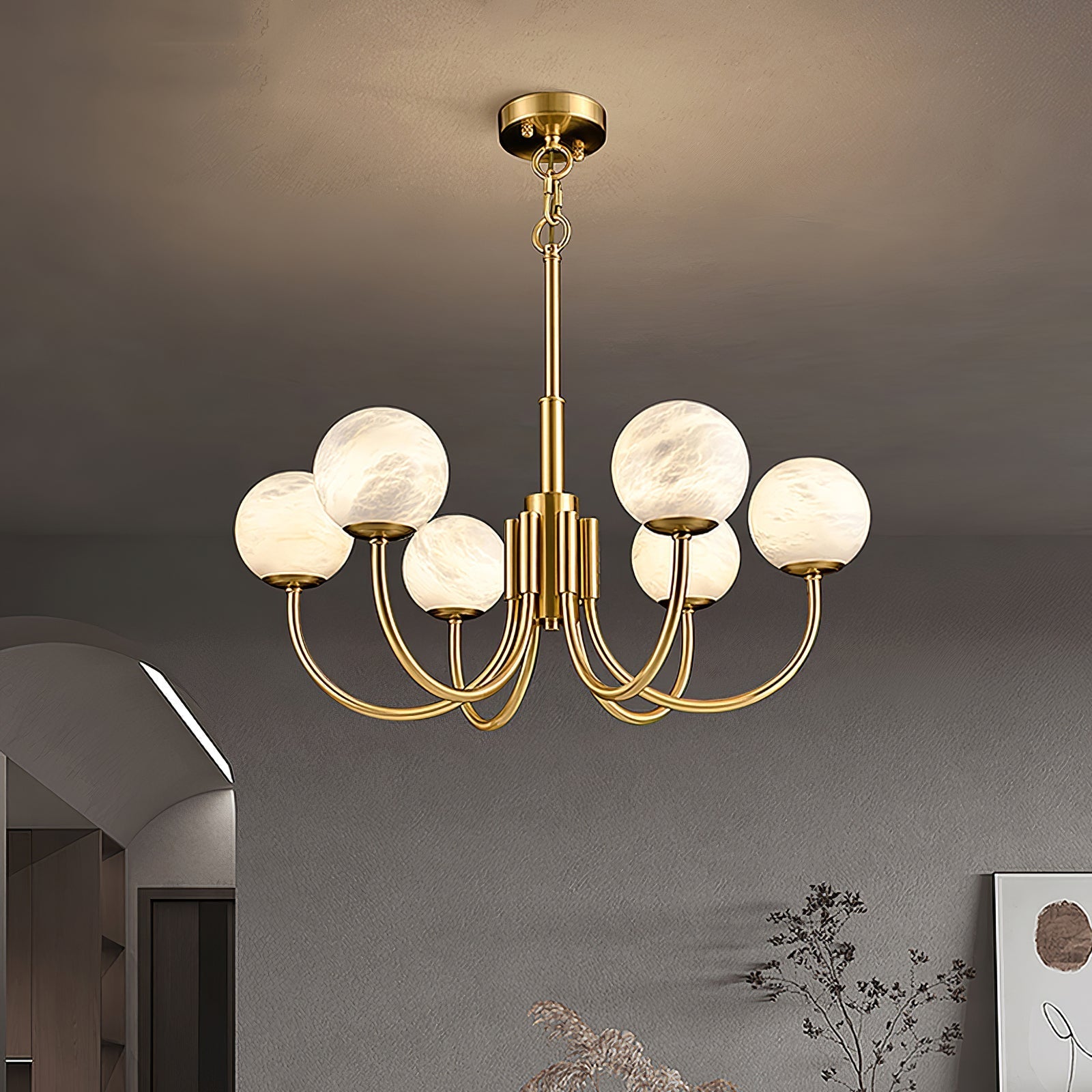 Mjolkuvys Modern Minimalist Globe Brass Alabaster Chandelier - Neutralighting