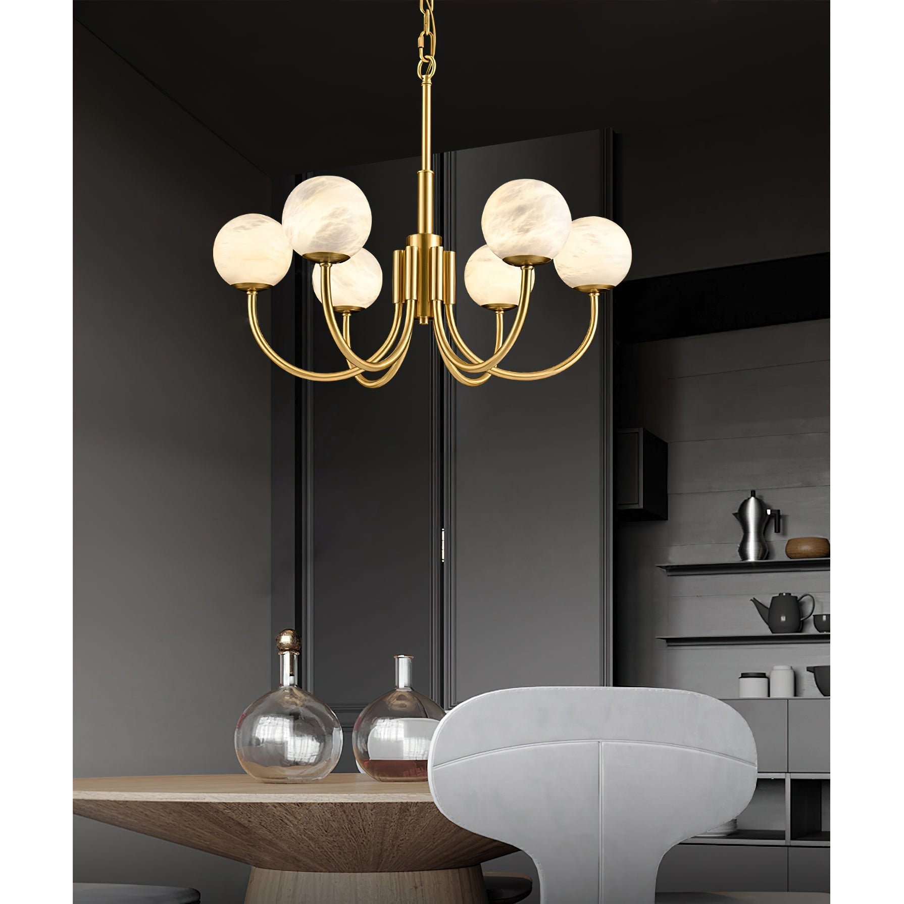 Mjolkuvys Modern Minimalist Globe Brass Alabaster Chandelier - Neutralighting