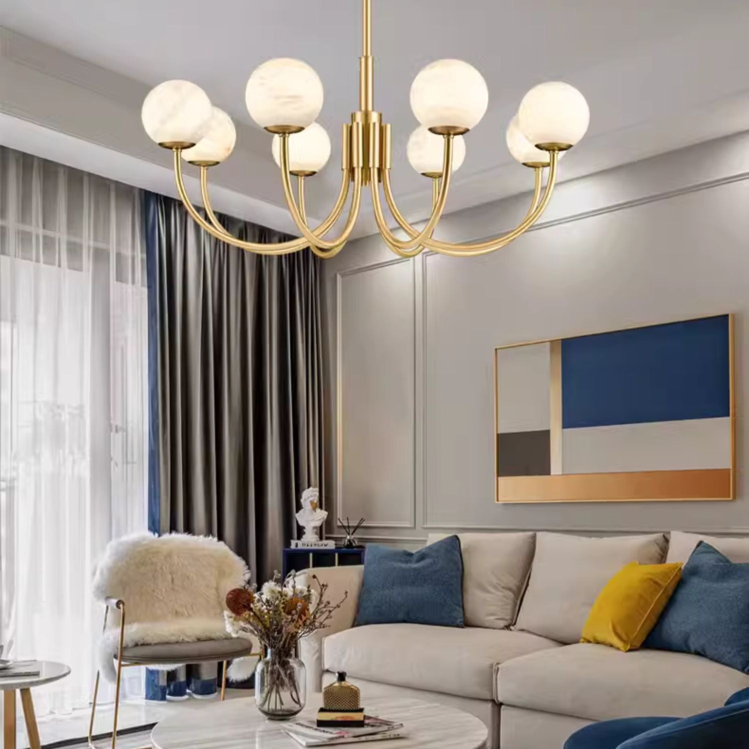 Mjolkuvys Modern Minimalist Globe Brass Alabaster Chandelier - Neutralighting