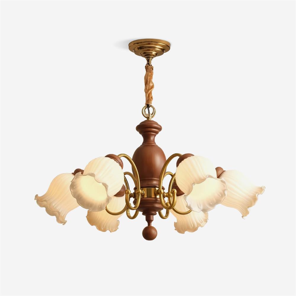 Chandelier Tulip Glass Shades Walnut Wood Frame Rustic - Neutralighting