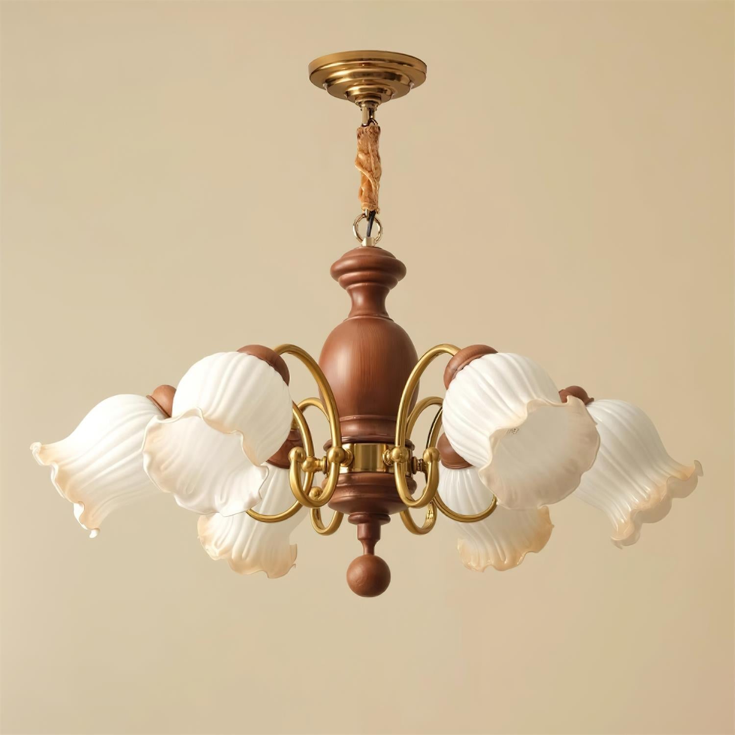 Chandelier Tulip Glass Shades Walnut Wood Frame Rustic - Neutralighting