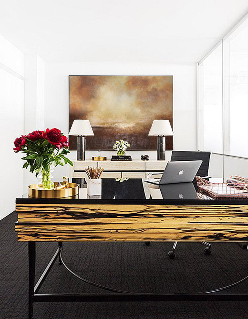 Brown‑Amber Horizontal Golden‑Sky Abstract Landscape Textured Artwork