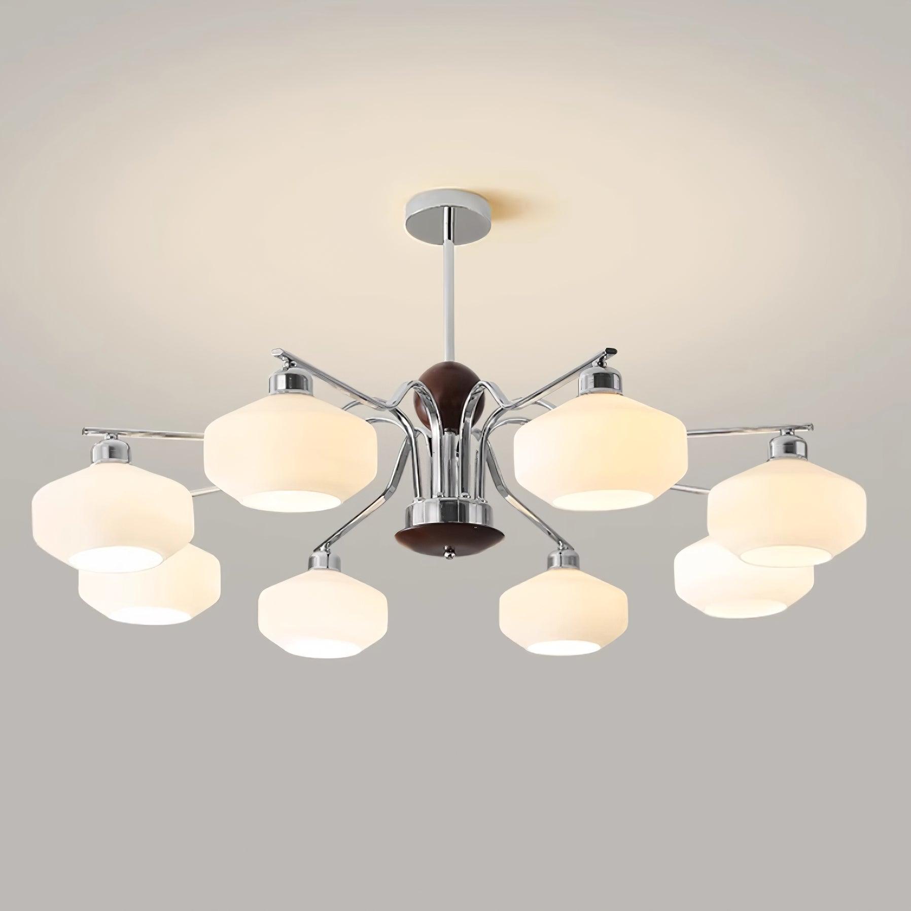Chandelier White Glass Shades Chrome Walnut Arms Retro - Neutralighting