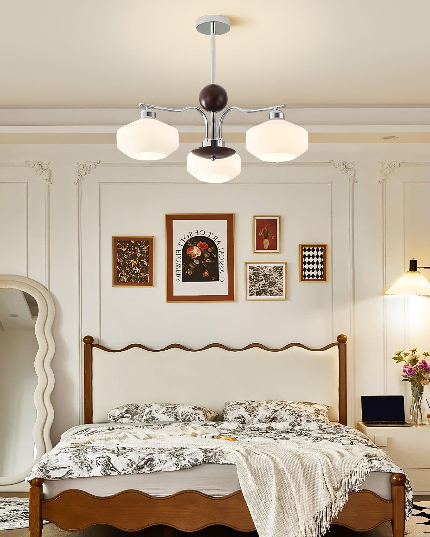 Chandelier White Glass Shades Chrome Walnut Arms Retro - Neutralighting