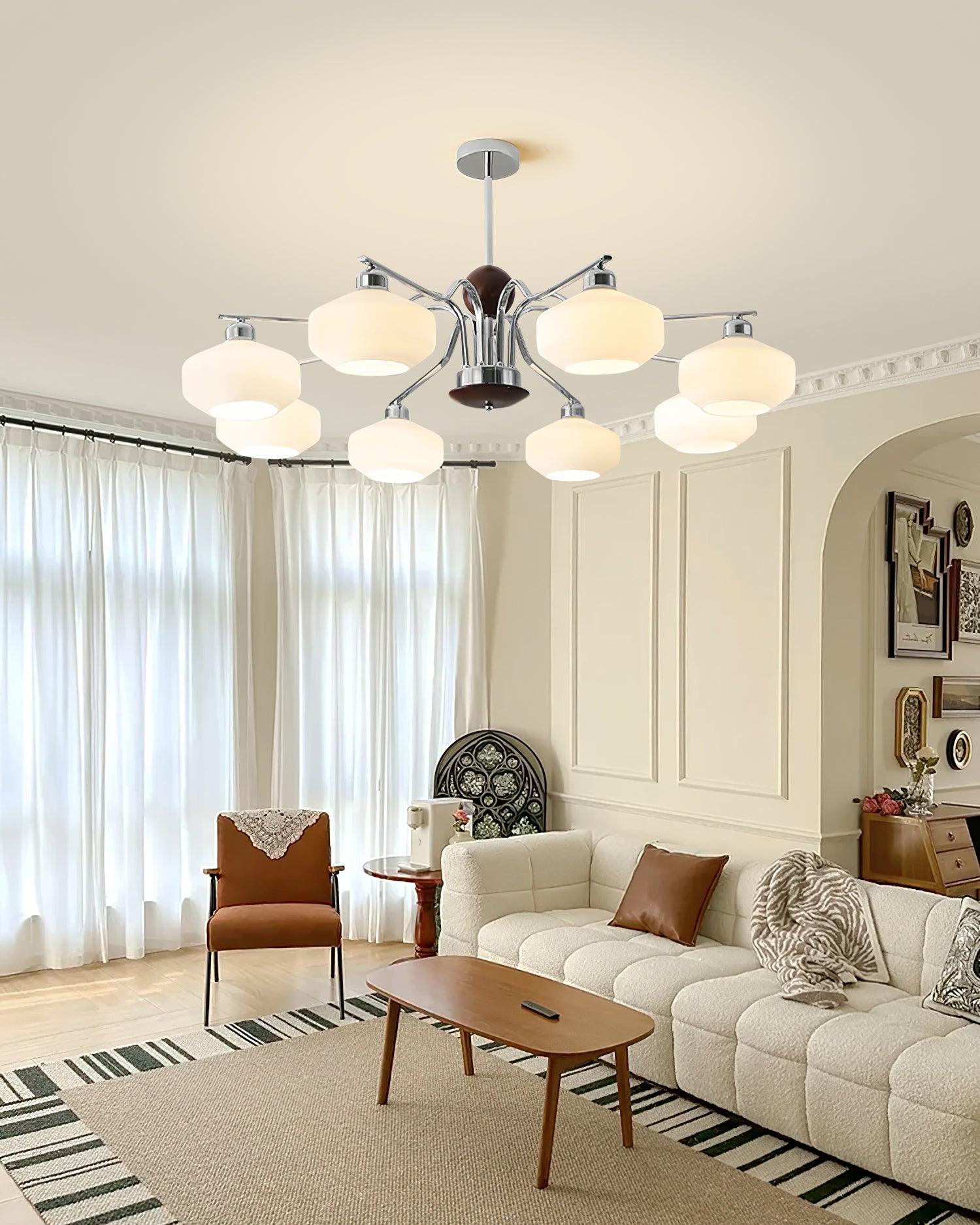 Chandelier White Glass Shades Chrome Walnut Arms Retro - Neutralighting