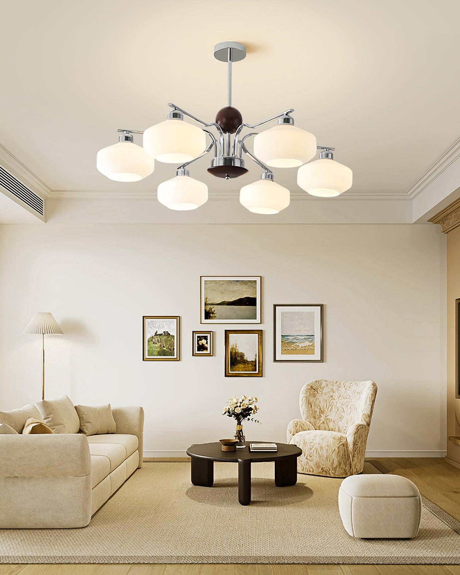 Chandelier White Glass Shades Chrome Walnut Arms Retro - Neutralighting