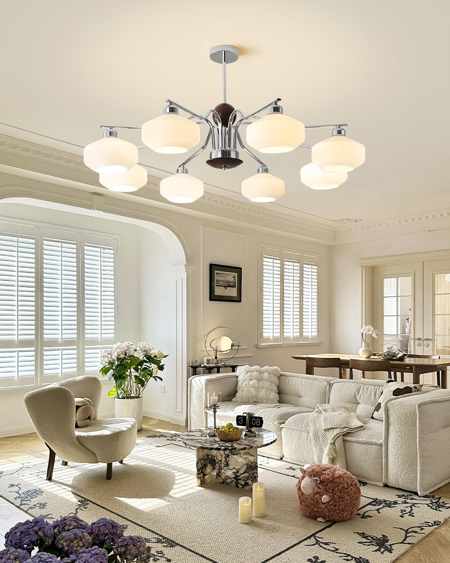 Chandelier White Glass Shades Chrome Walnut Arms Retro - Neutralighting