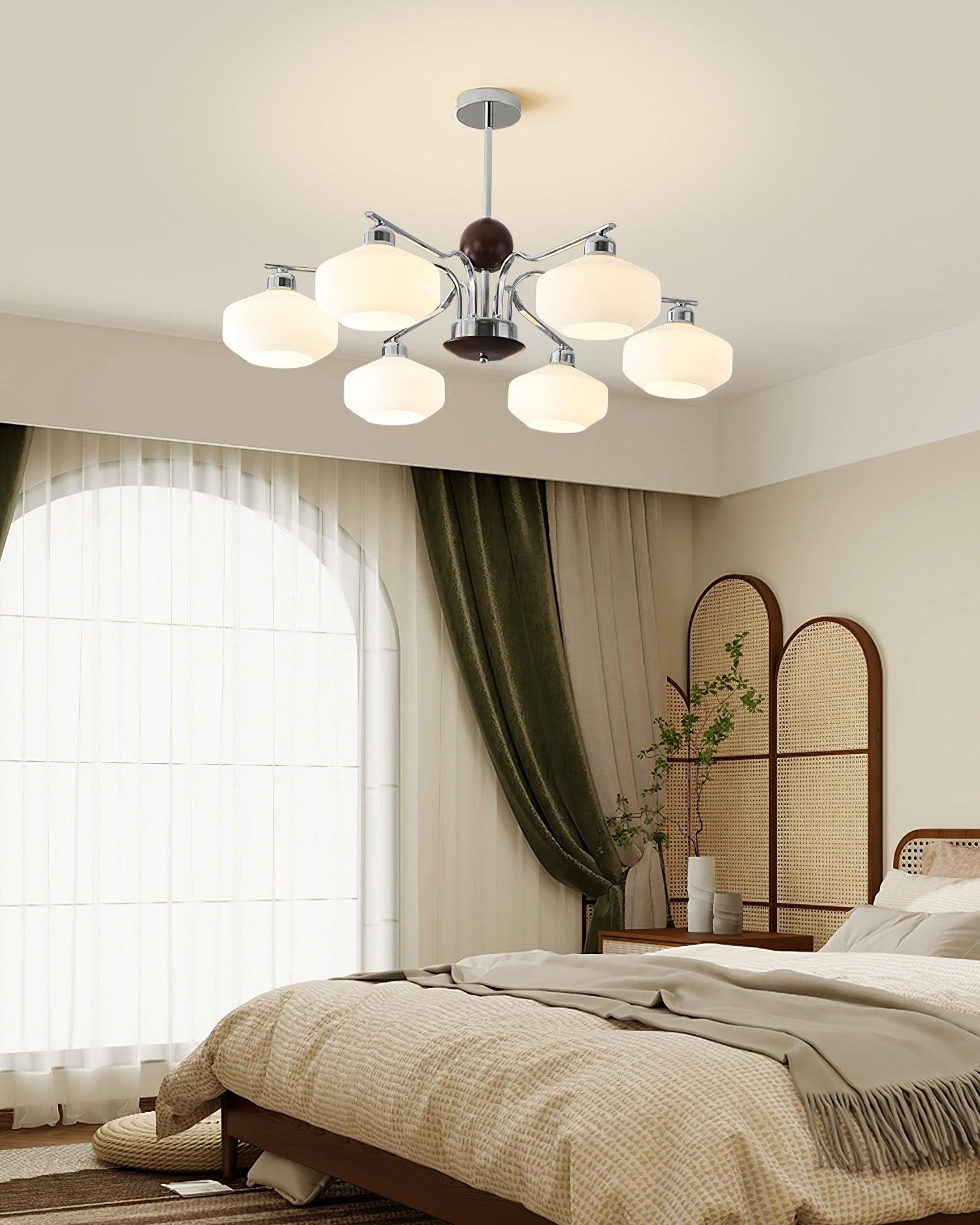 Chandelier White Glass Shades Chrome Walnut Arms Retro - Neutralighting