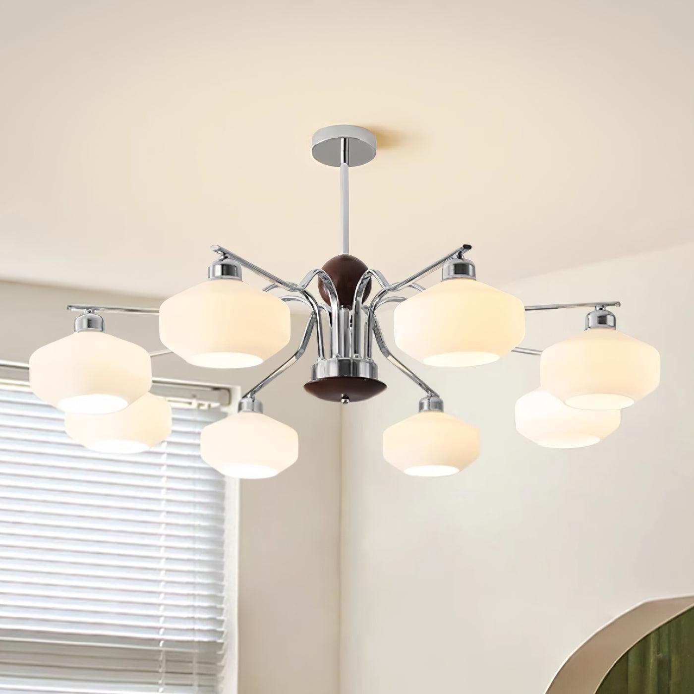 Chandelier White Glass Shades Chrome Walnut Arms Retro - Neutralighting