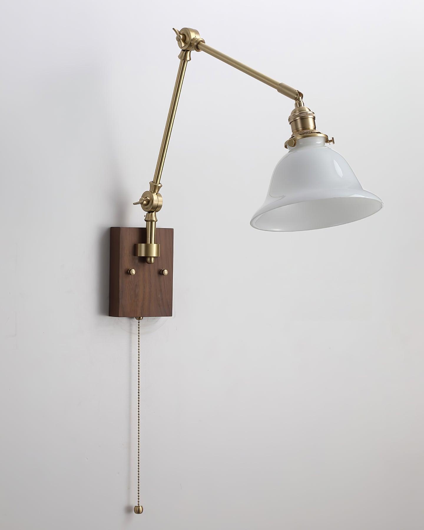 Wall Lamp Brass and Glass Shade Walnut Wood Base Adjustable Arm Vintage - Neutralighting