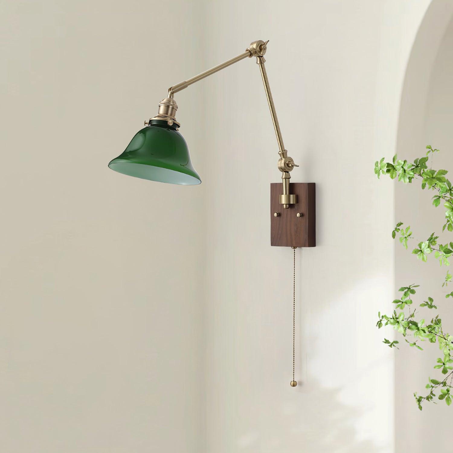 Wall Lamp Brass and Glass Shade Walnut Wood Base Adjustable Arm Vintage - Neutralighting