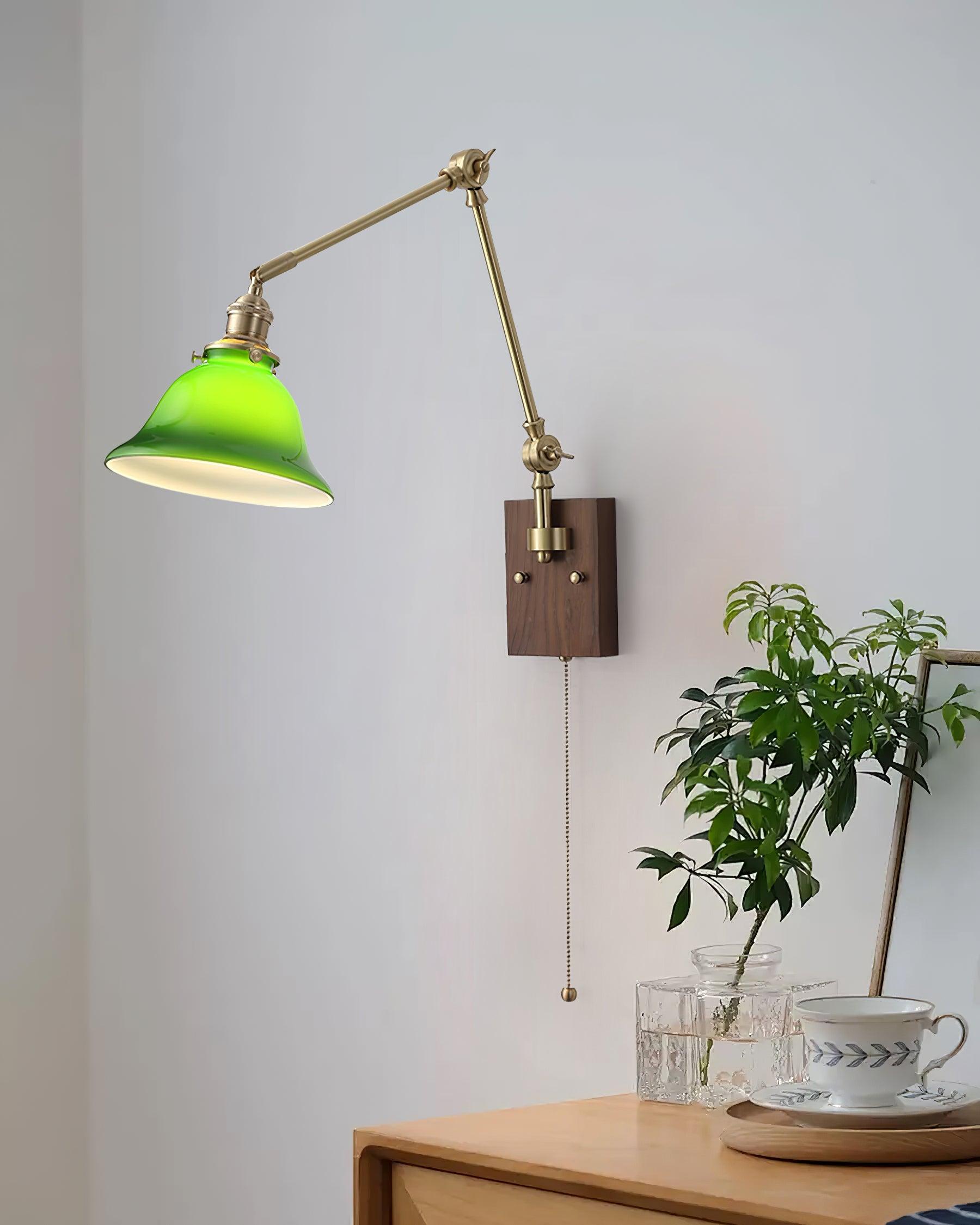 Wall Lamp Brass and Glass Shade Walnut Wood Base Adjustable Arm Vintage - Neutralighting