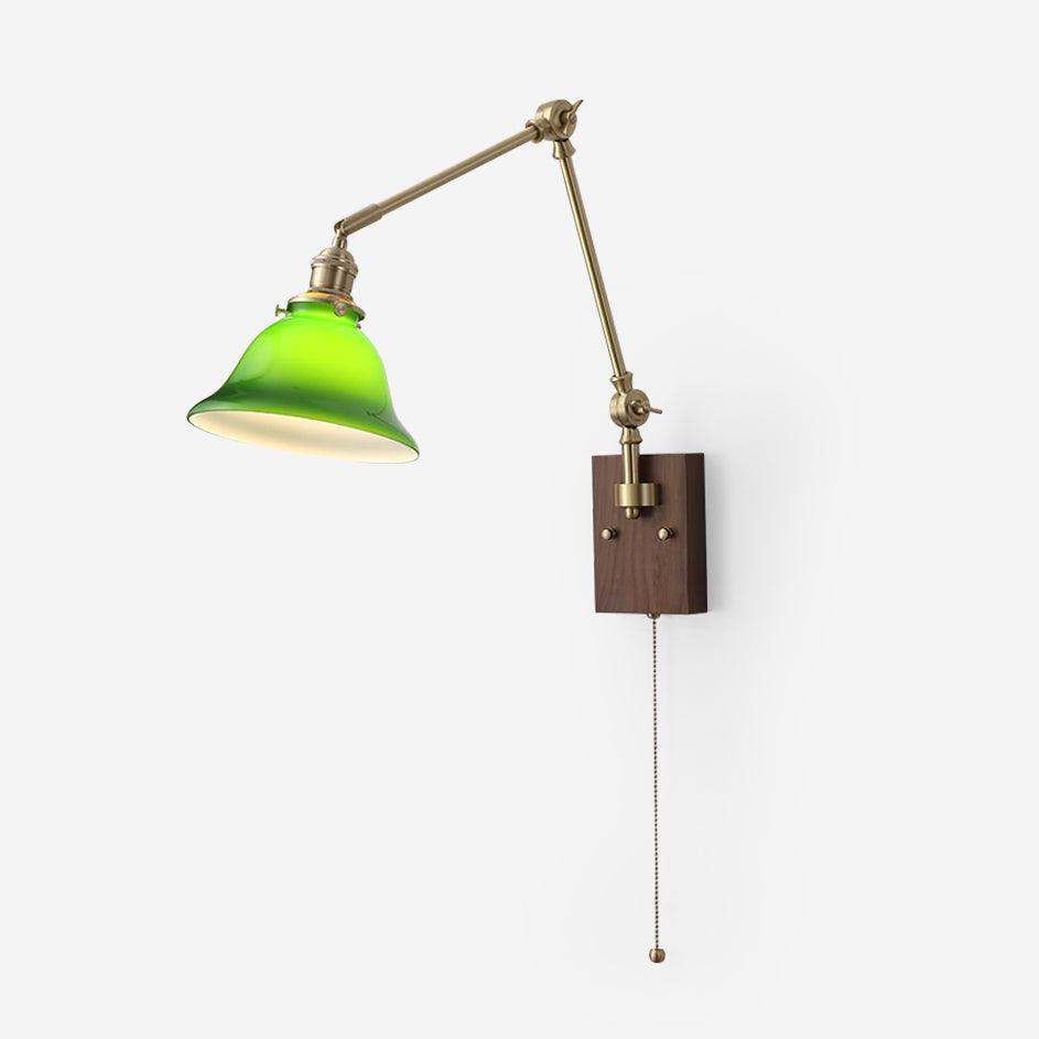 Wall Lamp Brass and Glass Shade Walnut Wood Base Adjustable Arm Vintage - Neutralighting