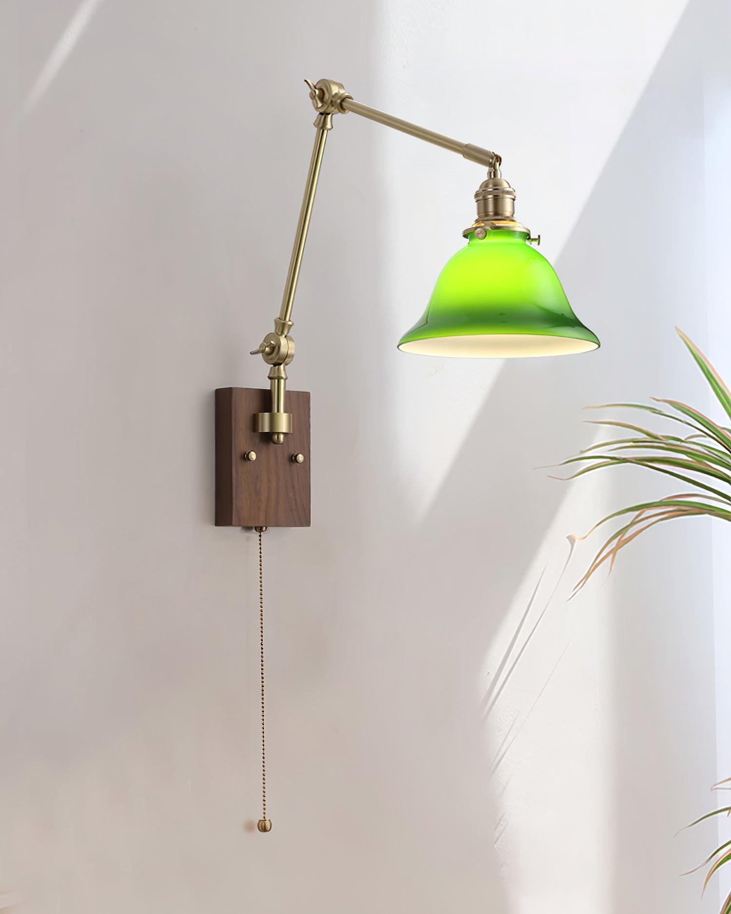 Wall Lamp Brass and Glass Shade Walnut Wood Base Adjustable Arm Vintage - Neutralighting