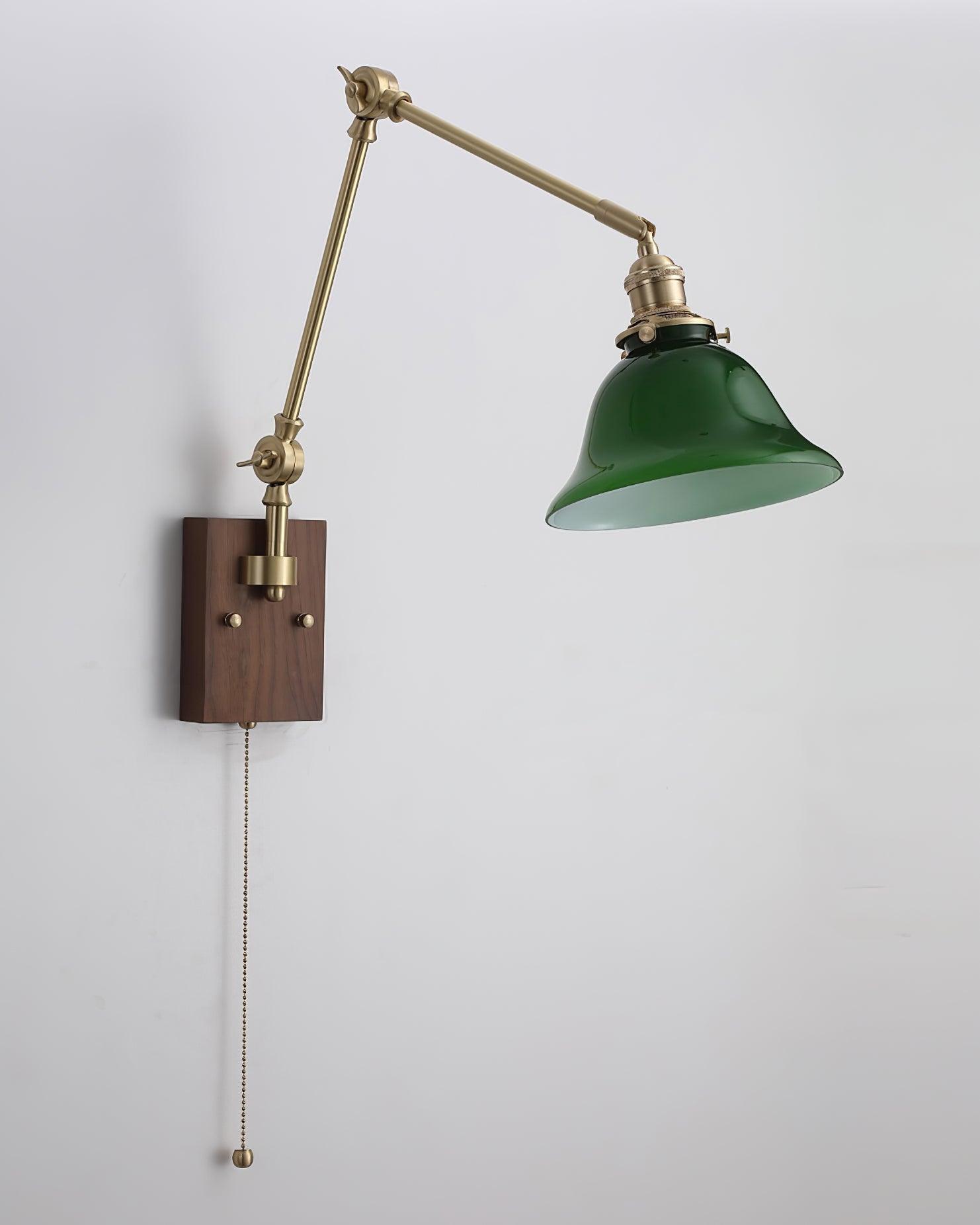 Wall Lamp Brass and Glass Shade Walnut Wood Base Adjustable Arm Vintage - Neutralighting