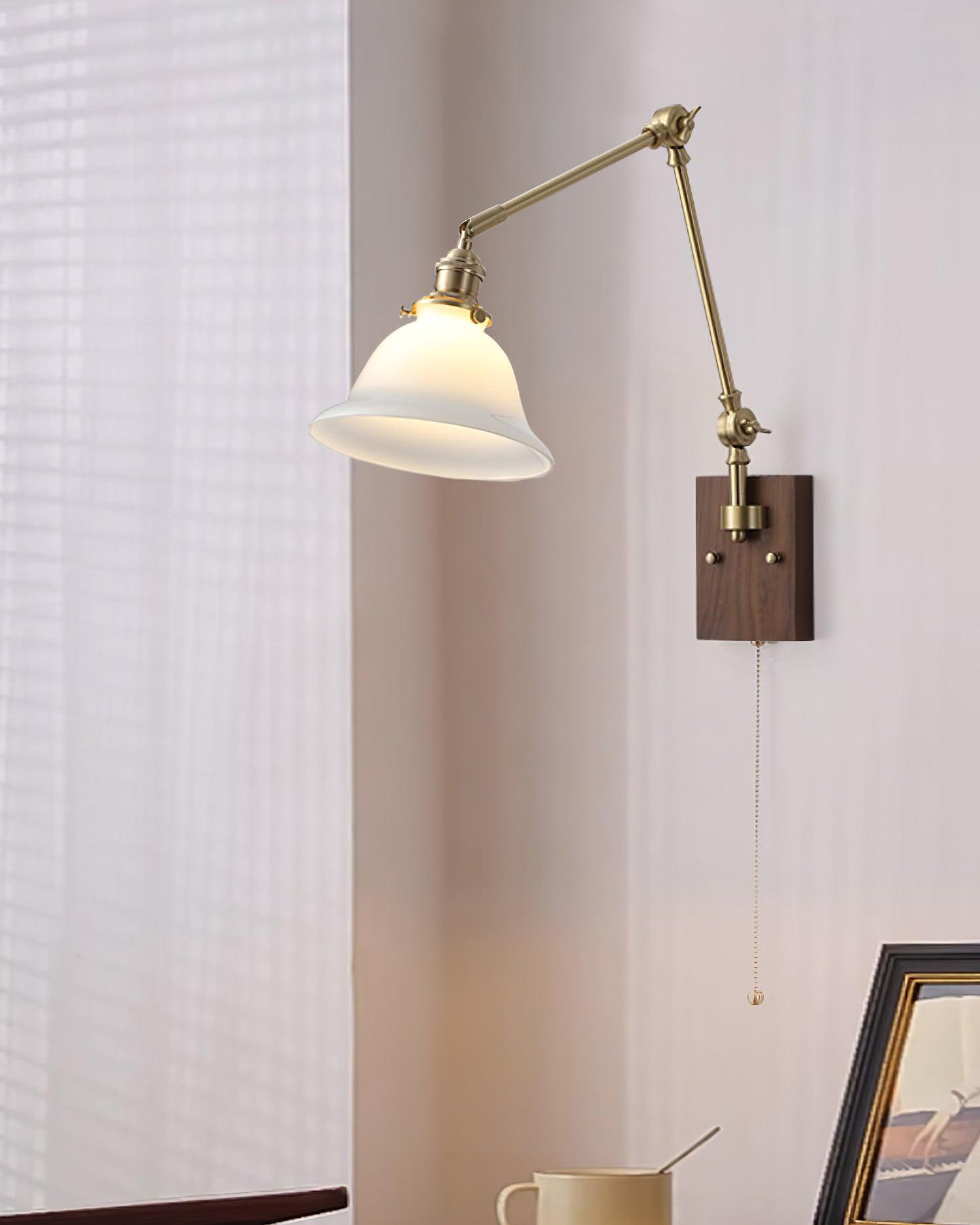 Wall Lamp Brass and Glass Shade Walnut Wood Base Adjustable Arm Vintage - Neutralighting
