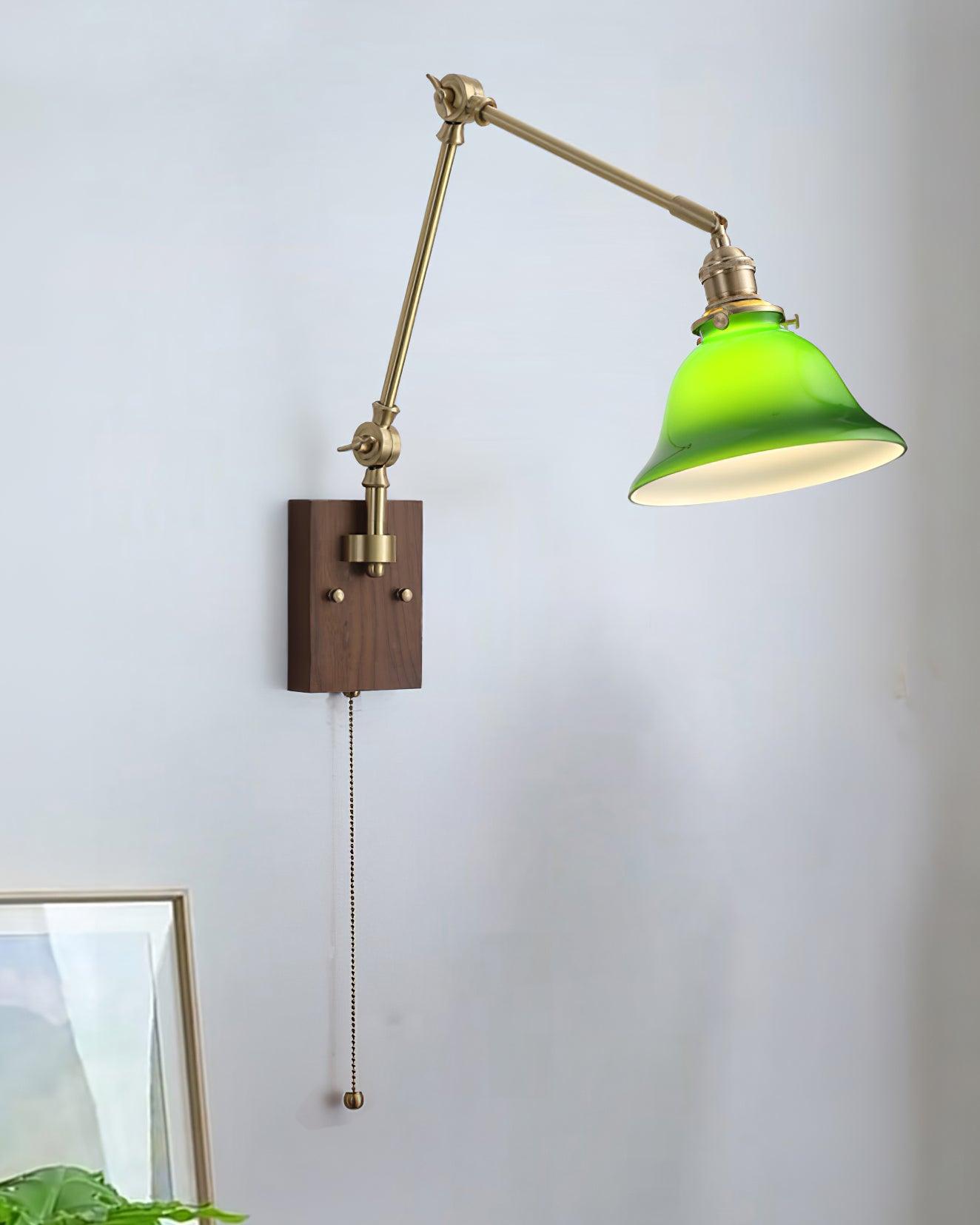 Wall Lamp Brass and Glass Shade Walnut Wood Base Adjustable Arm Vintage - Neutralighting