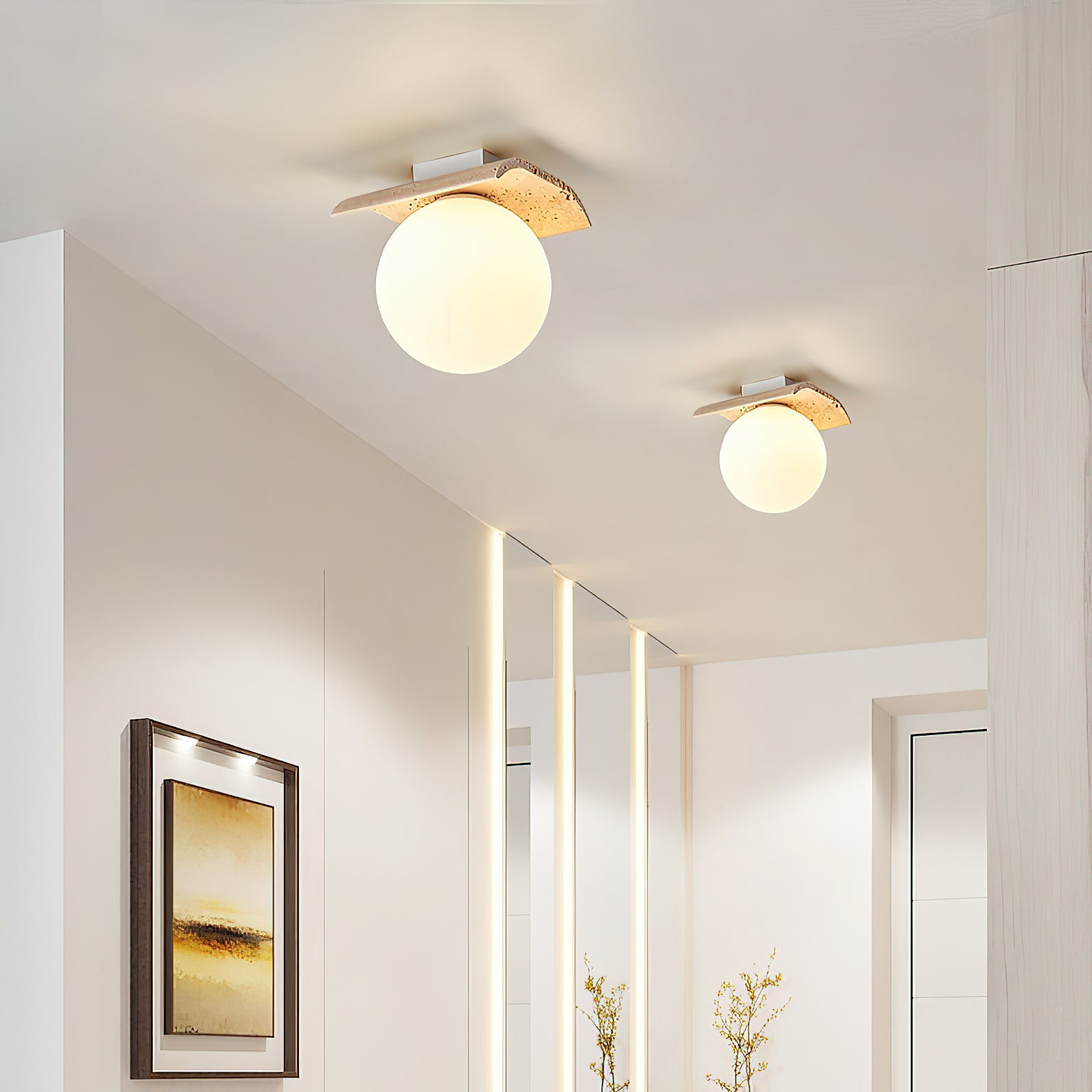 Bianca Globe Modern Minimalist Travertine Glass Ceiling Lamp - Neutralighting