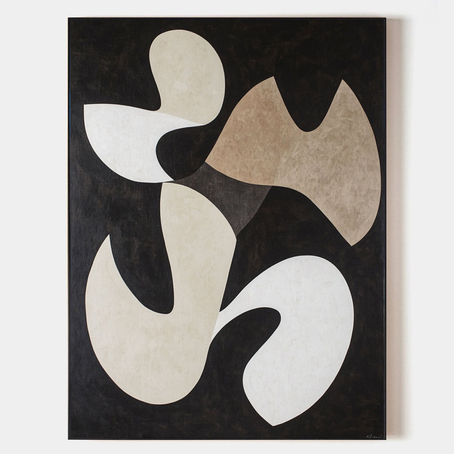 Black‑Beige‑White Tall Flowing Organic‑Shape Artwork