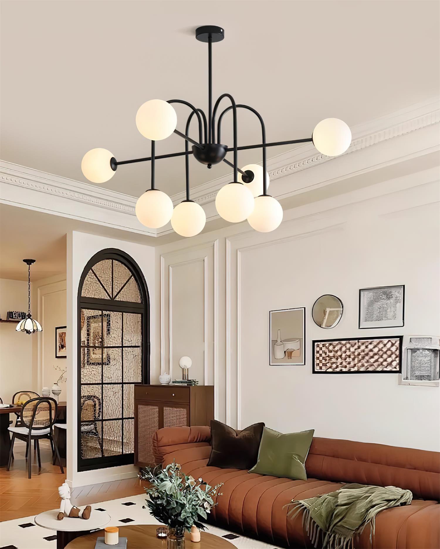 Chandelier Black Metal Arches Glass Globes Minimalist - Neutralighting