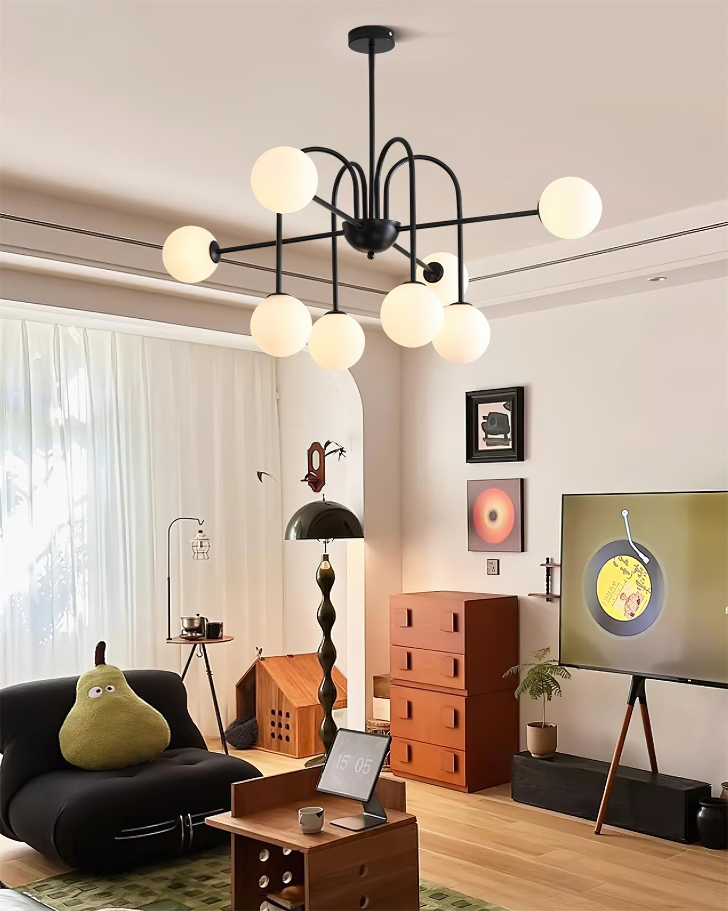 Chandelier Black Metal Arches Glass Globes Minimalist - Neutralighting