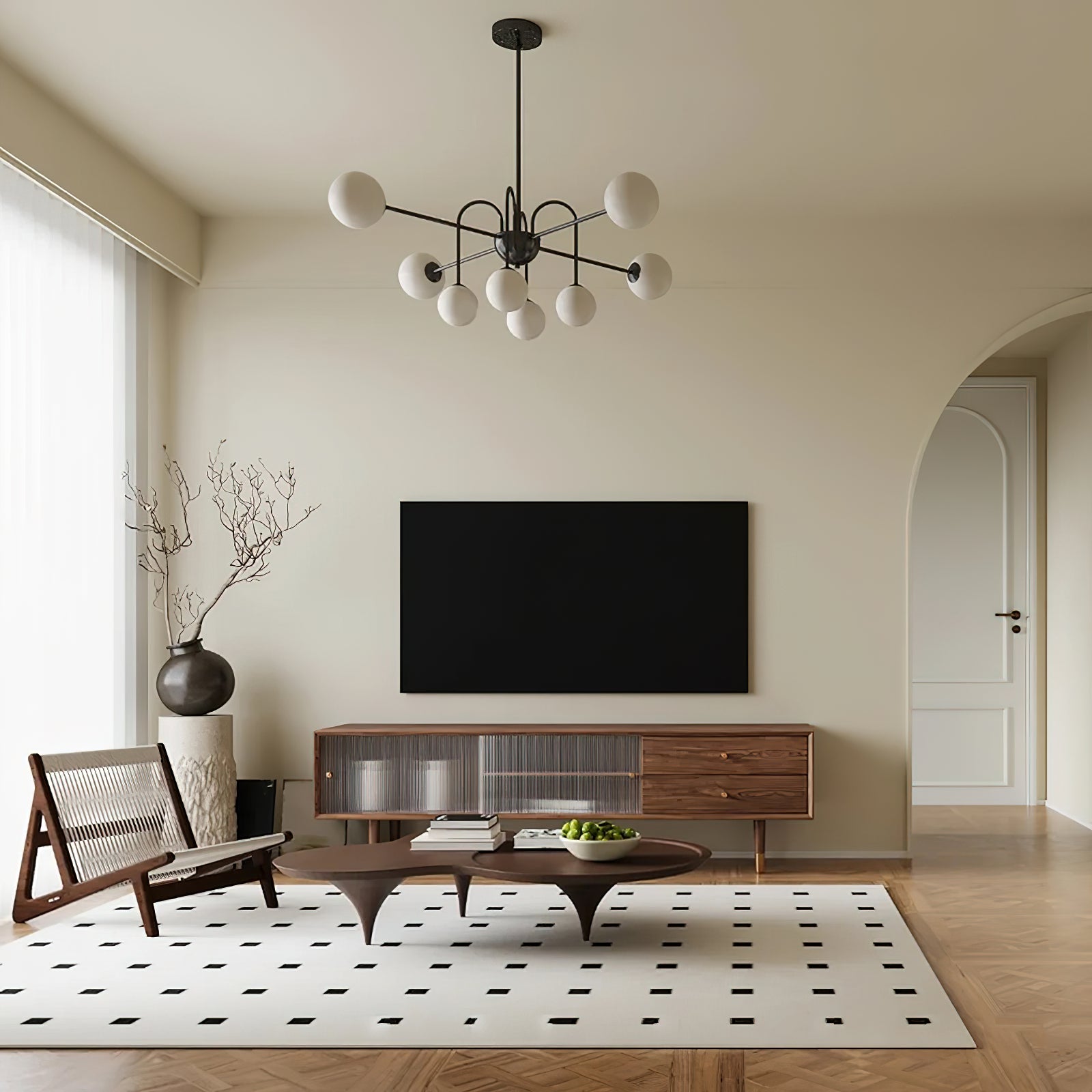 Chandelier Black Metal Arches Glass Globes Minimalist - Neutralighting