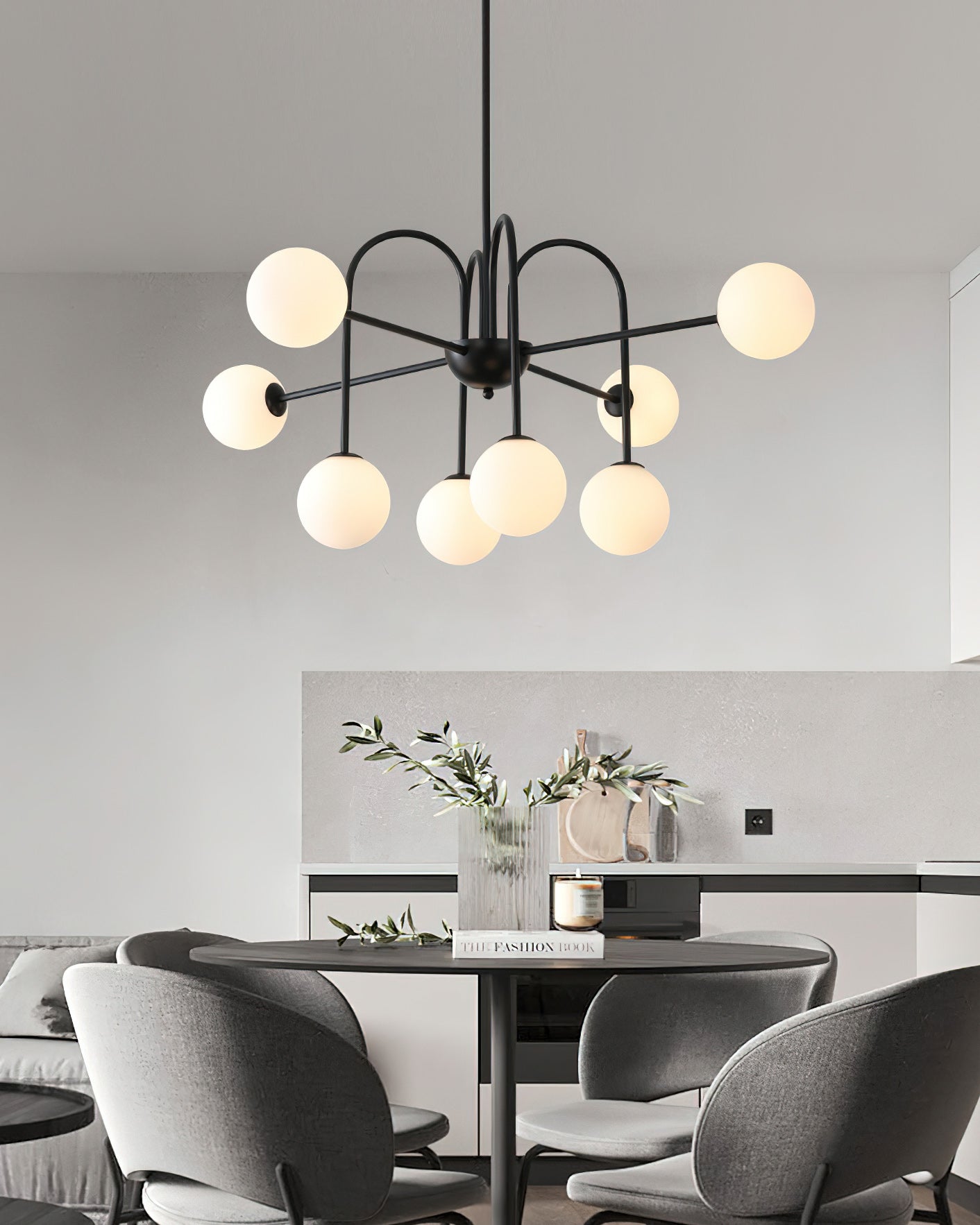 Chandelier Black Metal Arches Glass Globes Minimalist - Neutralighting