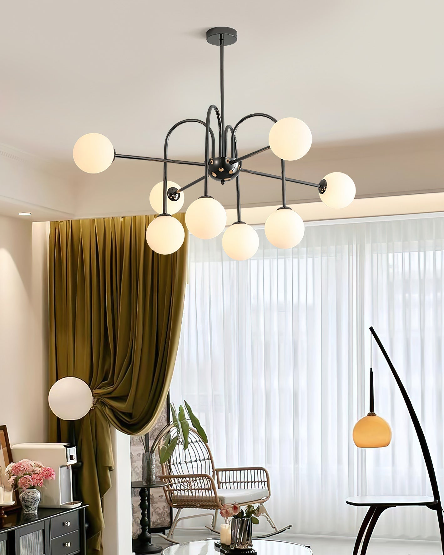 Chandelier Black Metal Arches Glass Globes Minimalist - Neutralighting