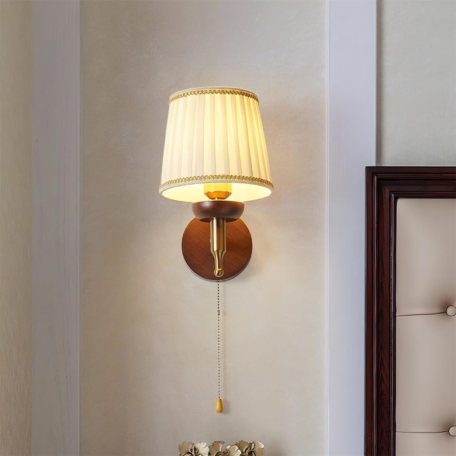 Wall Lamp Fabric Shade Modern Classic Gold Walnut Sconce Bedroom - Neutralighting