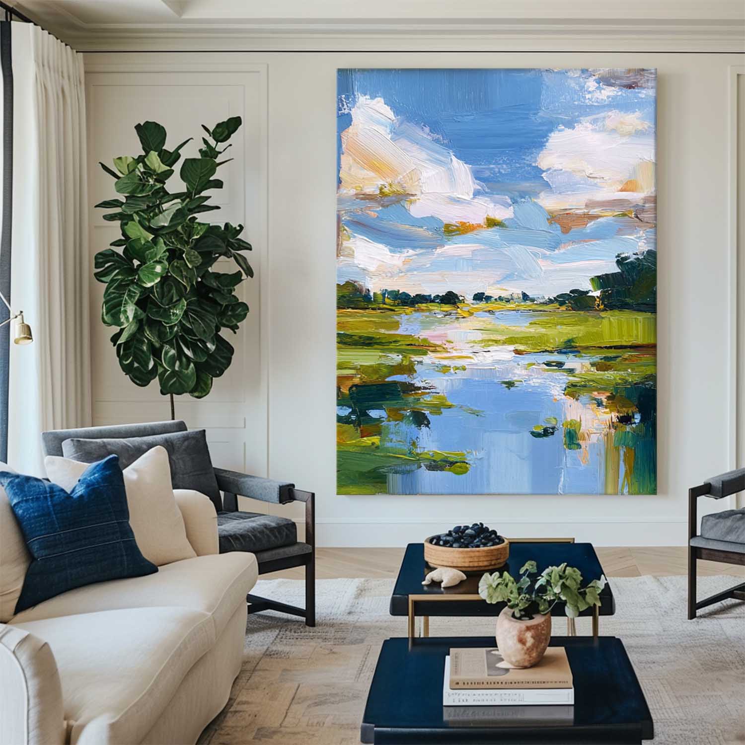 Bright Pastoral Landscape Vivid Impasto Scenery Layered Textured Artwork