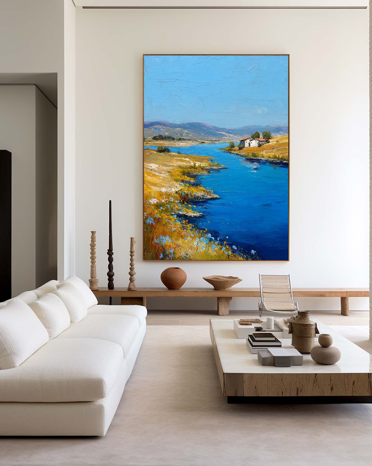 Bright‑Blue‑Golden‑Yellow Vertical Impasto Riverside Scenic Textured Artwork