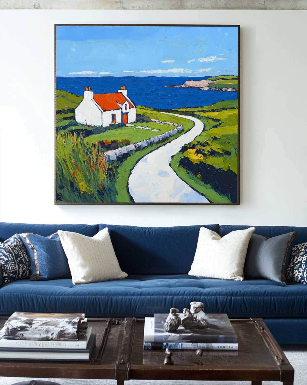 Blue‑Green Square Impasto Coastal Cottage Scenic Textured Artwork