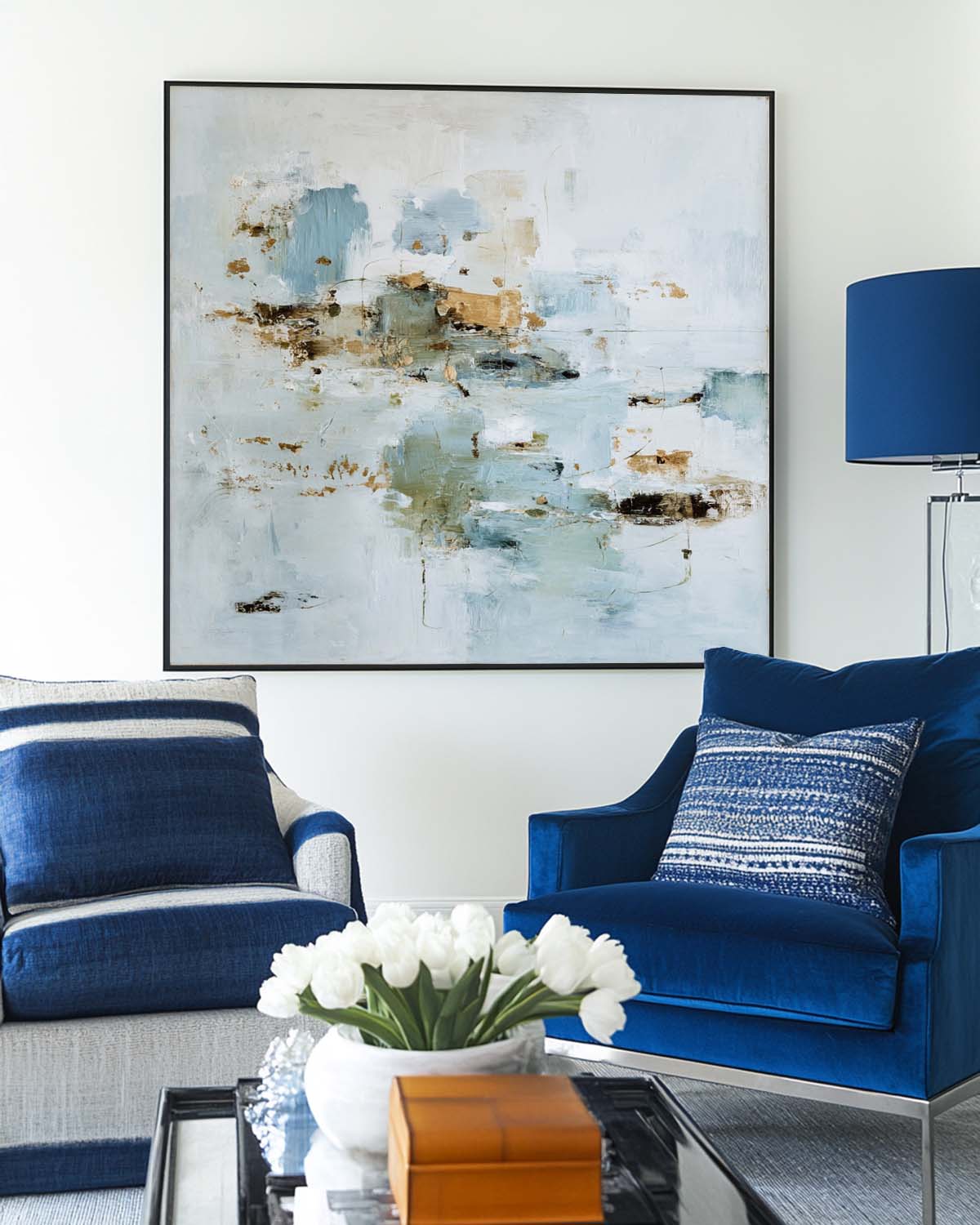 Sage‑Blue‑Beige‑Gold Square Gilded Muted Abstract Textured Artwork