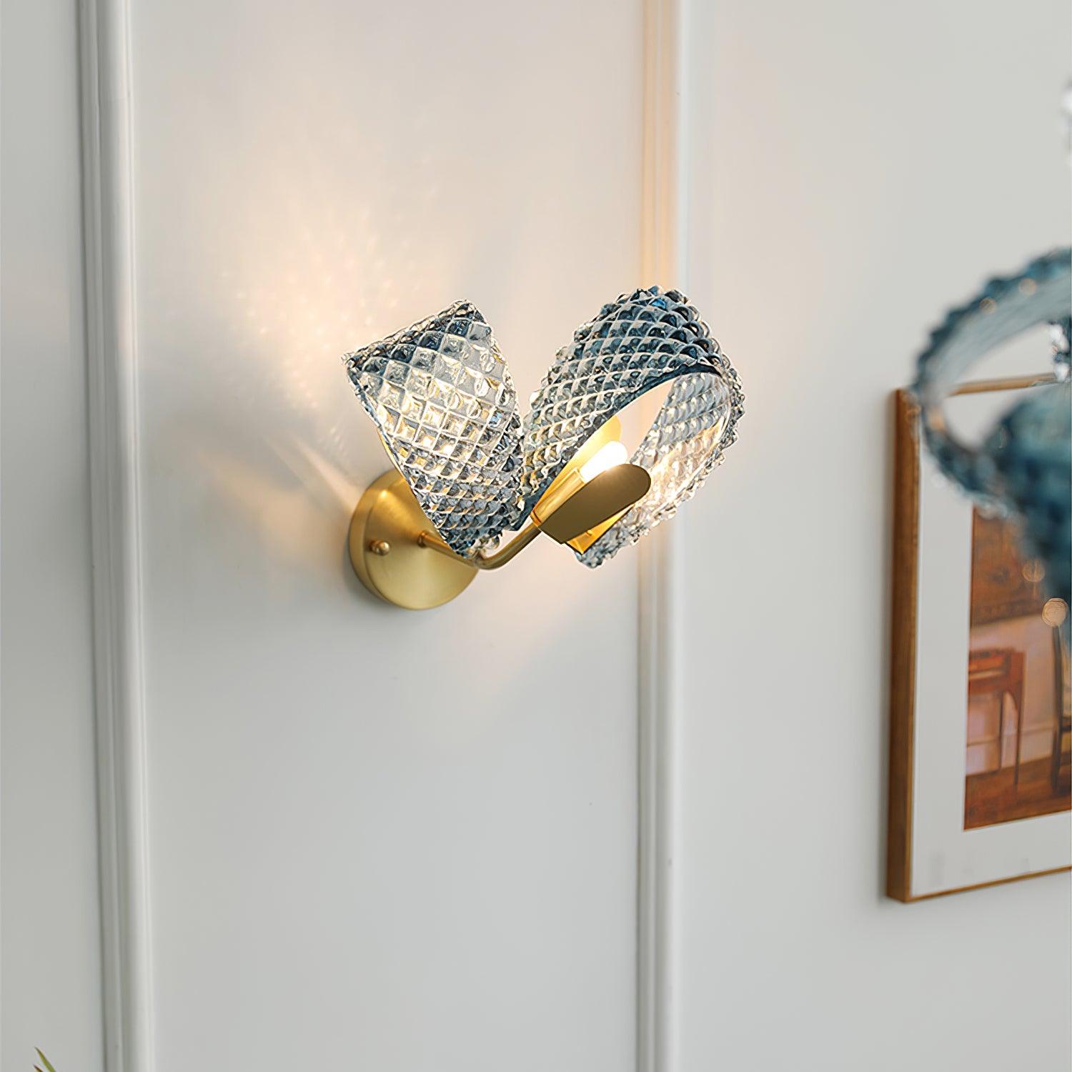 Wall Lamp Blue Ribbed Glass Ribbons Brass - Neutralighting