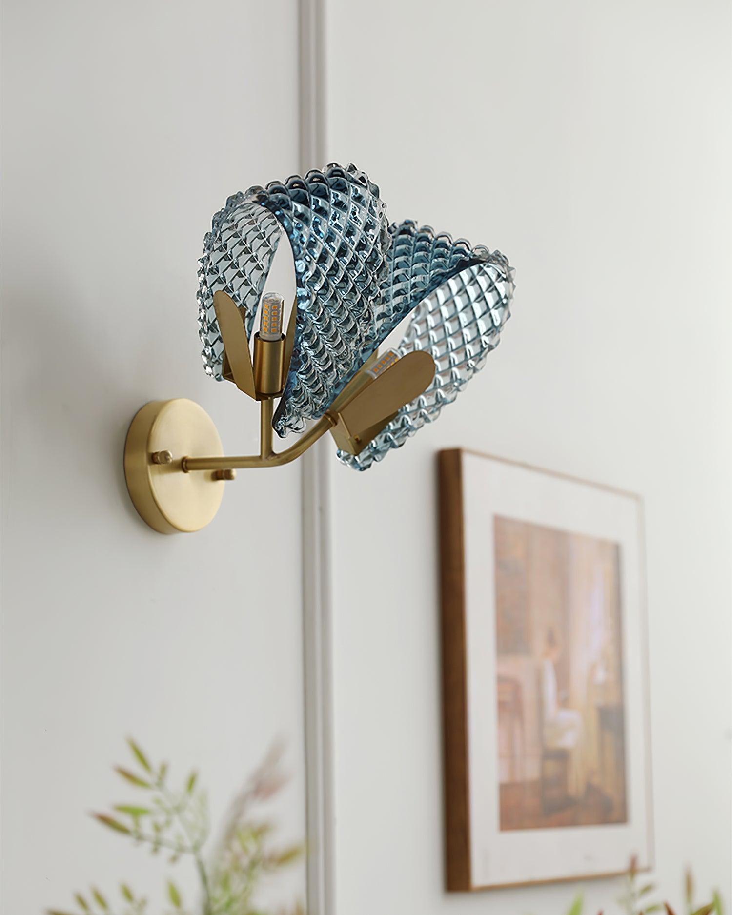 Wall Lamp Blue Ribbed Glass Ribbons Brass - Neutralighting