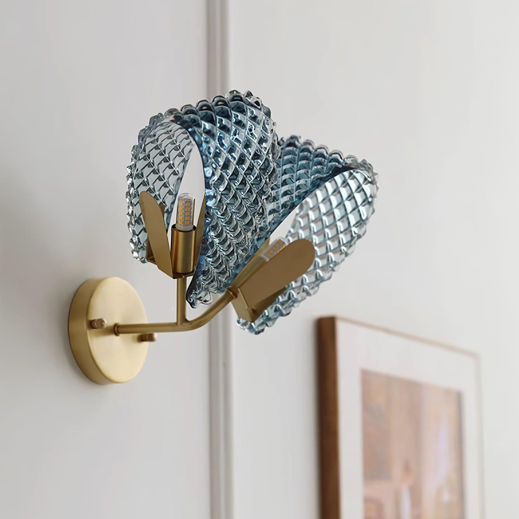 Wall Lamp Blue Ribbed Glass Ribbons Brass - Neutralighting