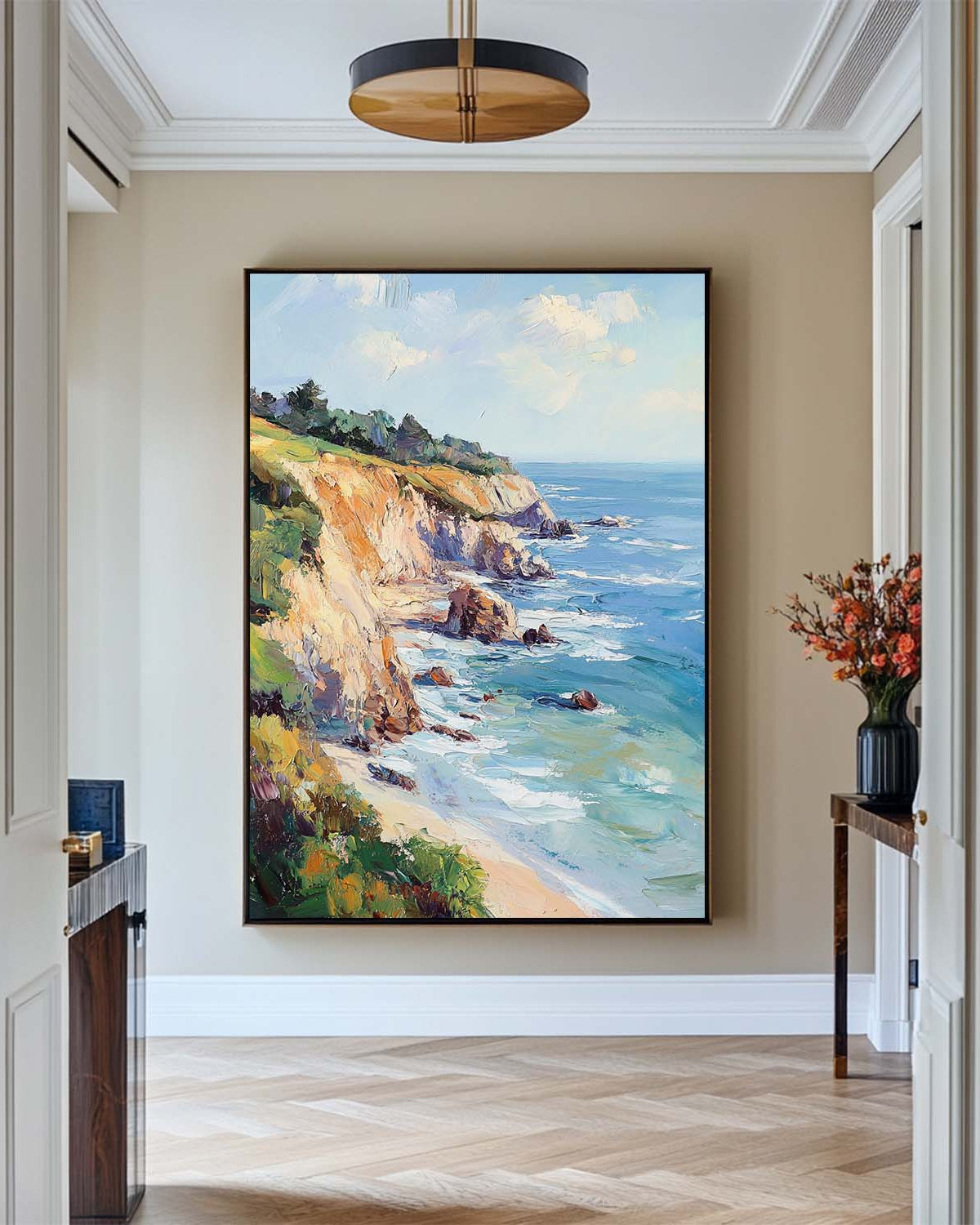 Blue‑Sand Tall Coastal‑Cliff Vibrant‑Seascape Artwork