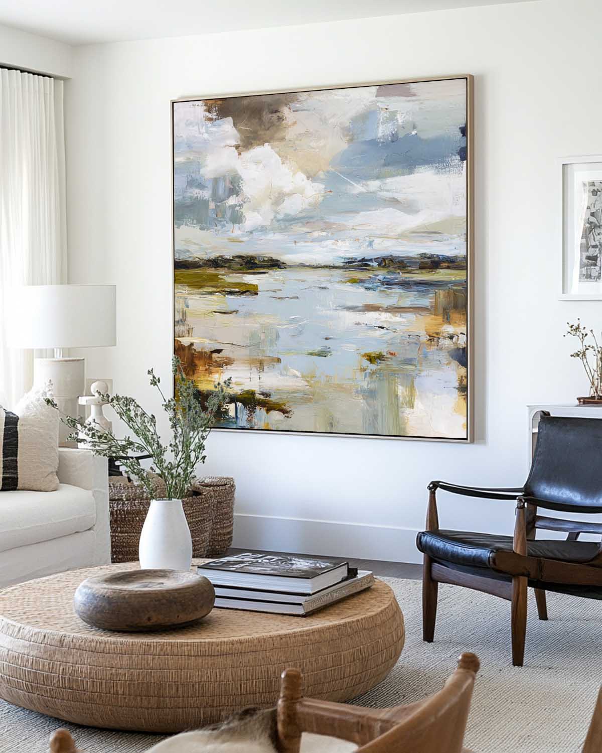 Blue‑White‑Ochre Square Impasto Abstract Coastal Landscape Artwork