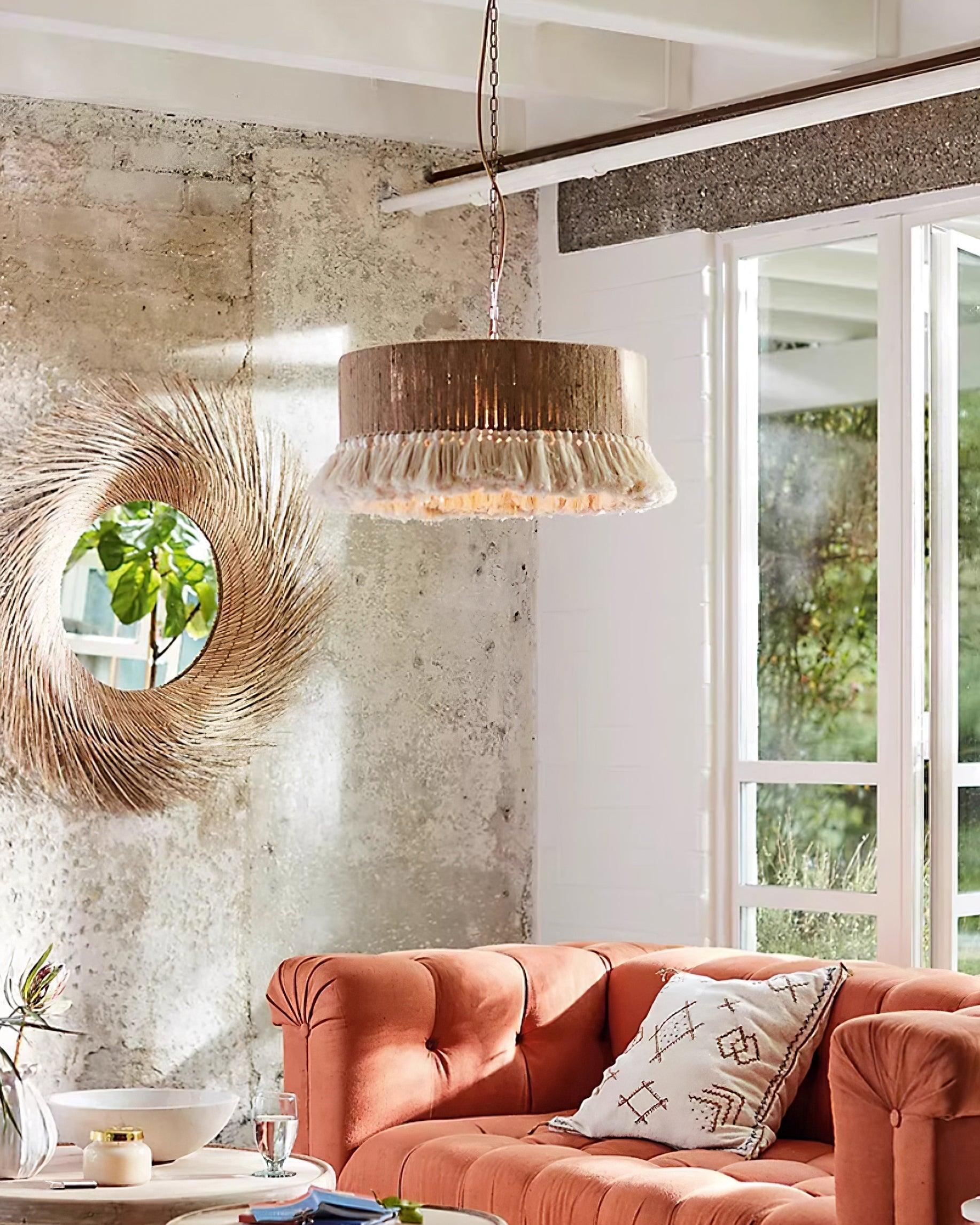 Pendant Lamp Cotton Yarn Shade Ruffled Fringe Boho Handmade - Neutralighting