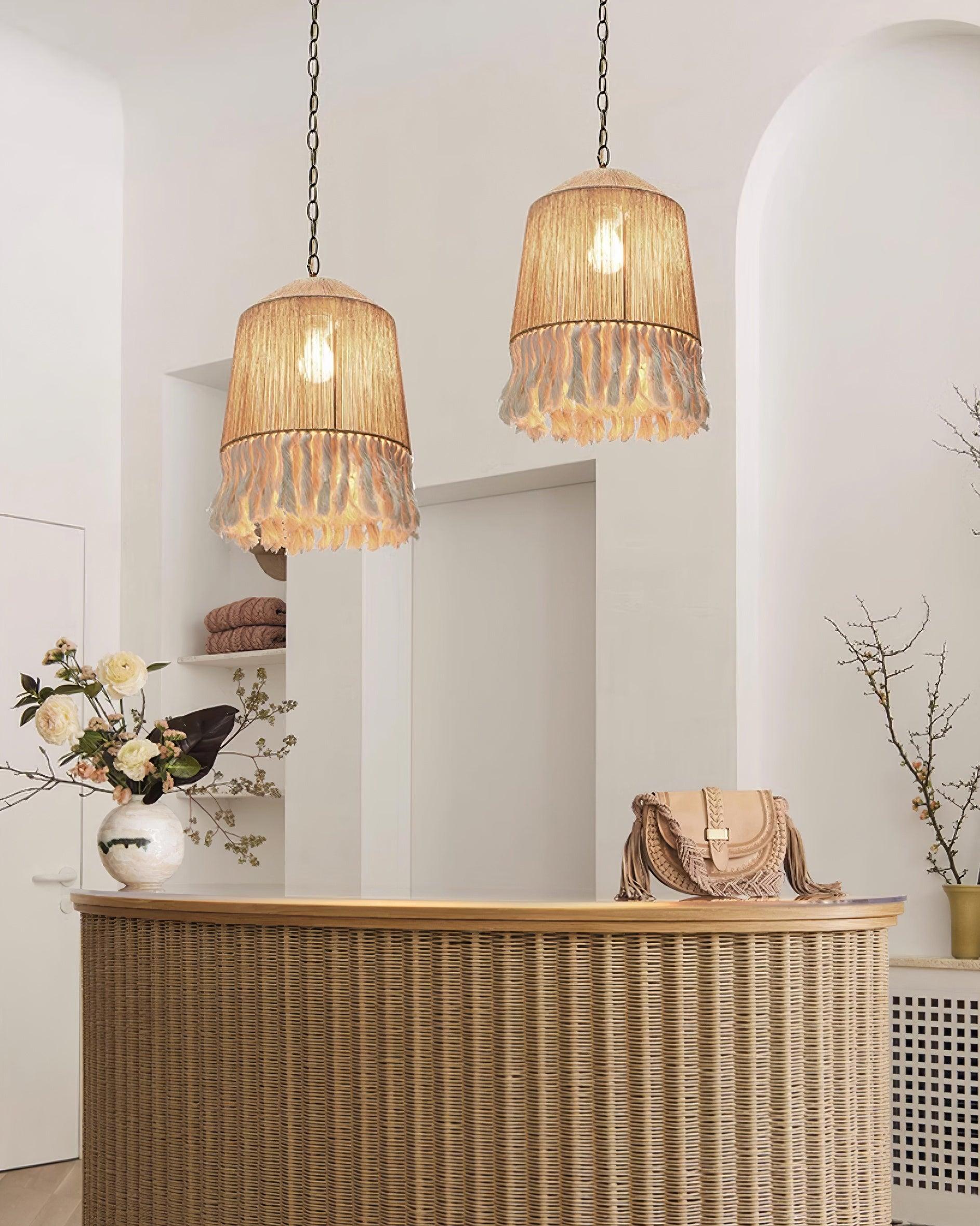 Pendant Lamp Cotton Yarn Shade Ruffled Fringe Boho Handmade - Neutralighting